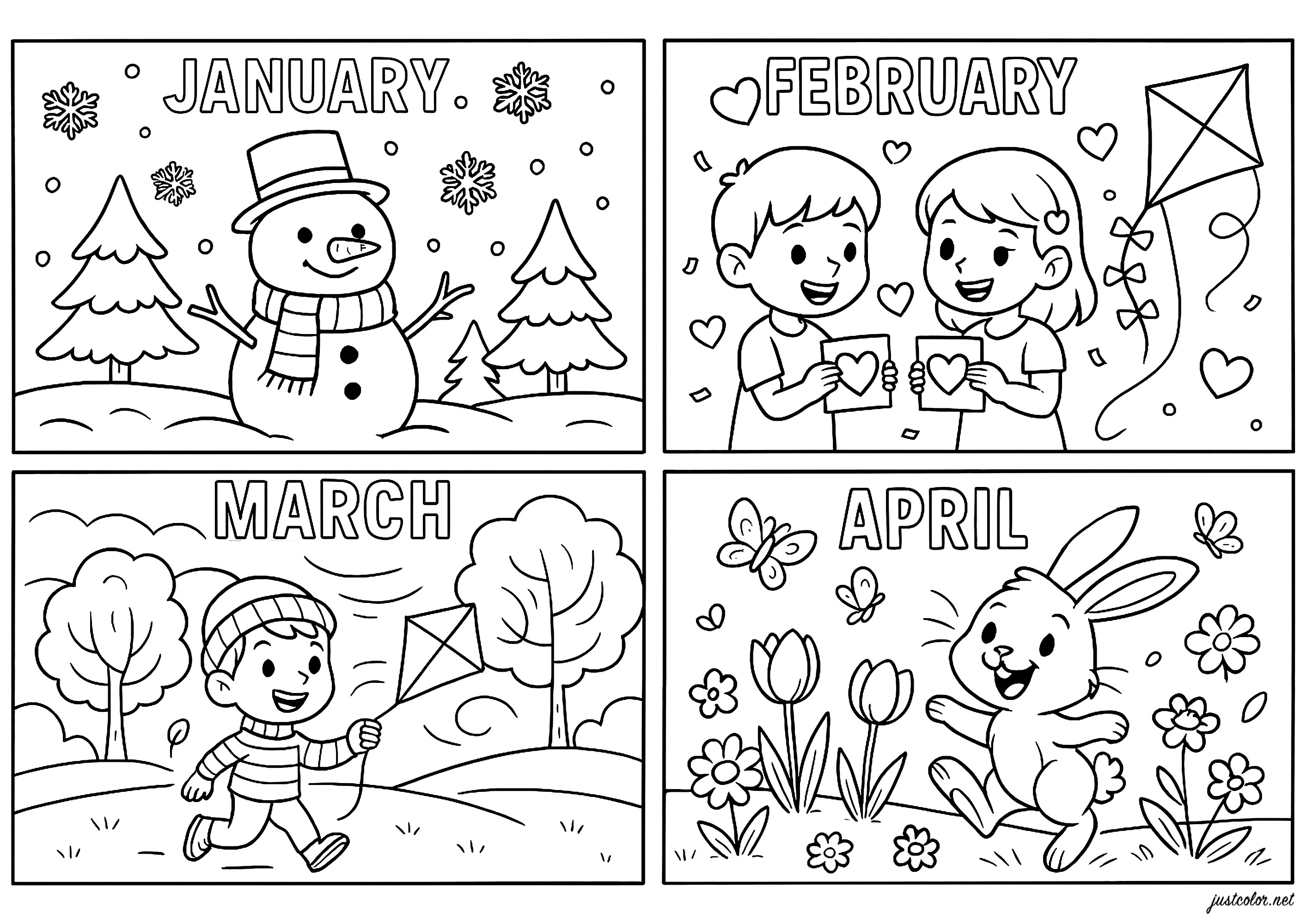 Januar - April (Janvier à Avril) (Ausmalbild von Monate zum Ausdrucken und Ausmalen für Kinder)