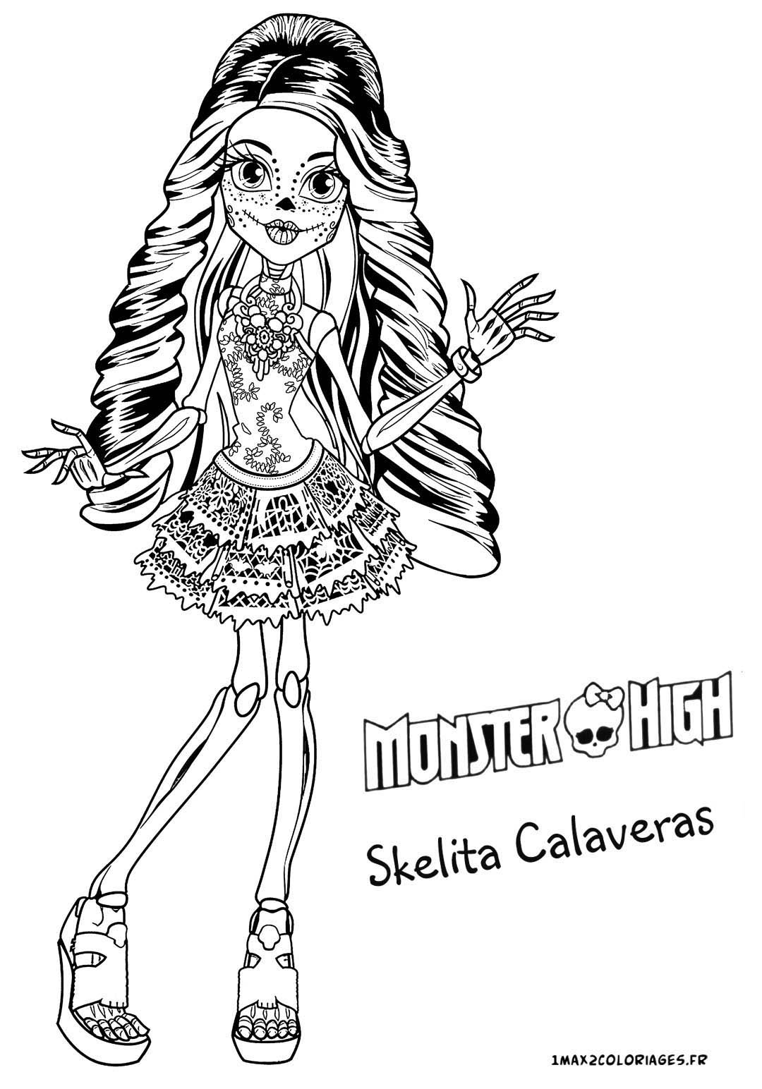 Skelita Calaveras ist ein spezifischer Name und bleibt in jeder Sprache gleich. Daher ist die Übersetzung ins Deutsche ebenfalls Skelita Calaveras. (Ausmalbild von Monster High zum Ausdrucken und Ausmalen für Kinder)