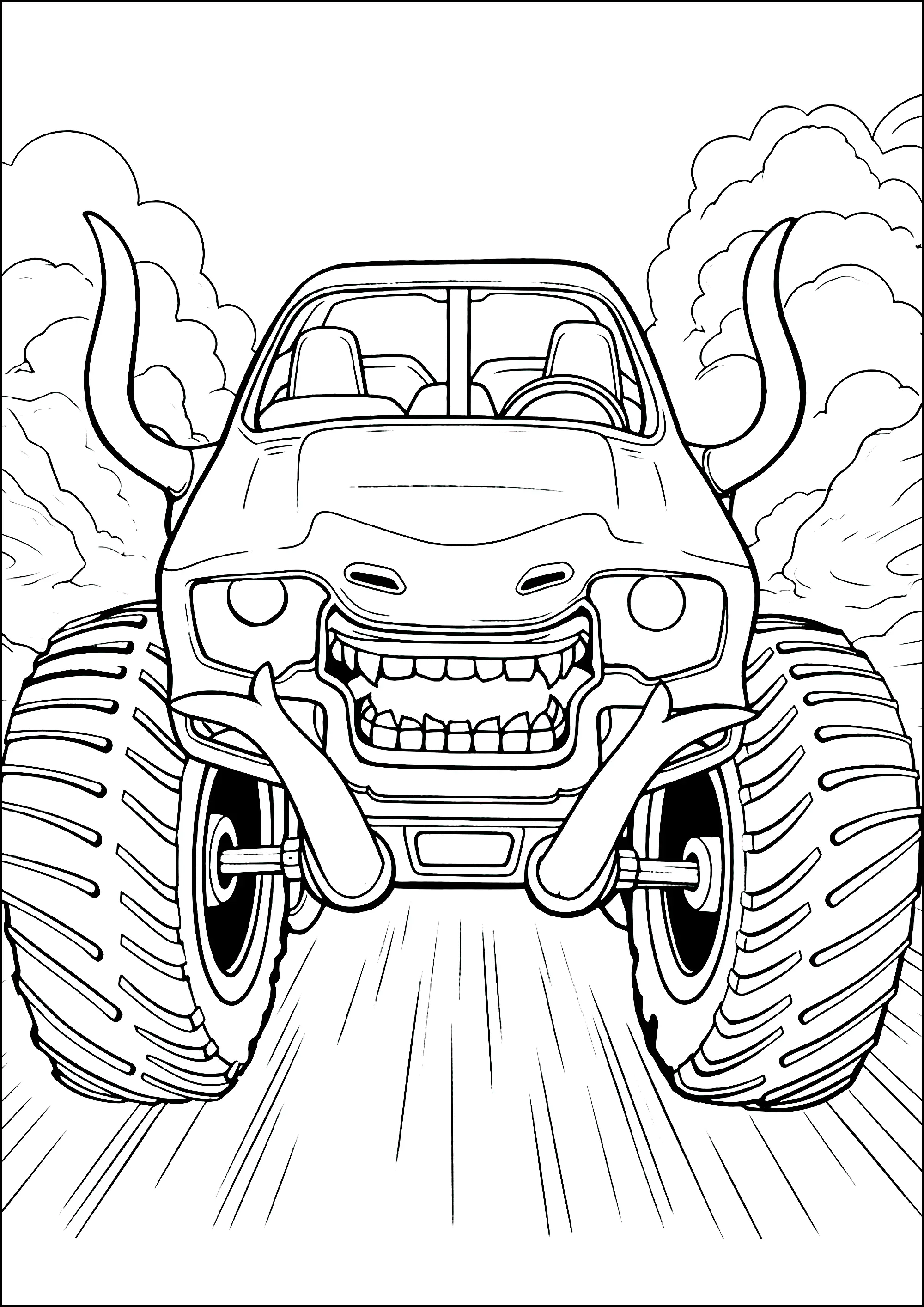 Monstertruck mit Hörnern (Ausmalbild von Monster Truck zum Ausdrucken und Ausmalen für Kinder)
