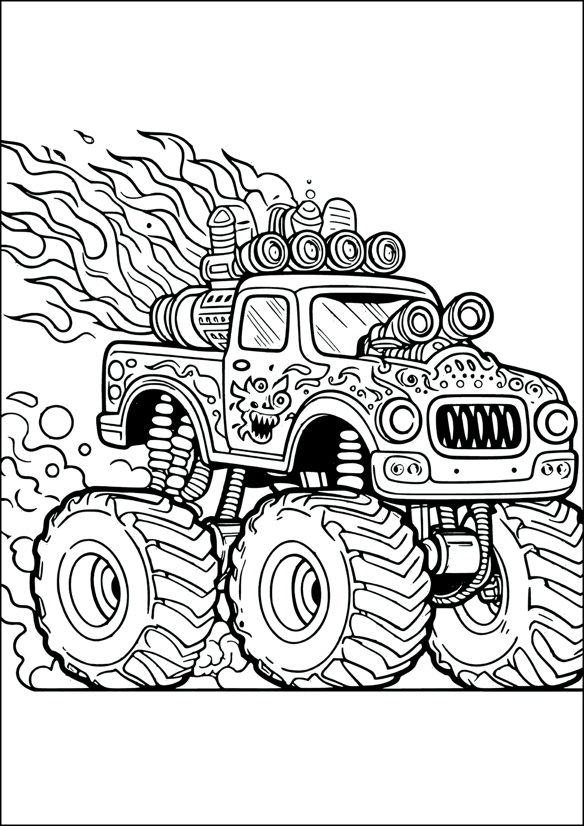 Monstertruck mit Flammen, die aus seinen riesigen Auspuffrohren kommen