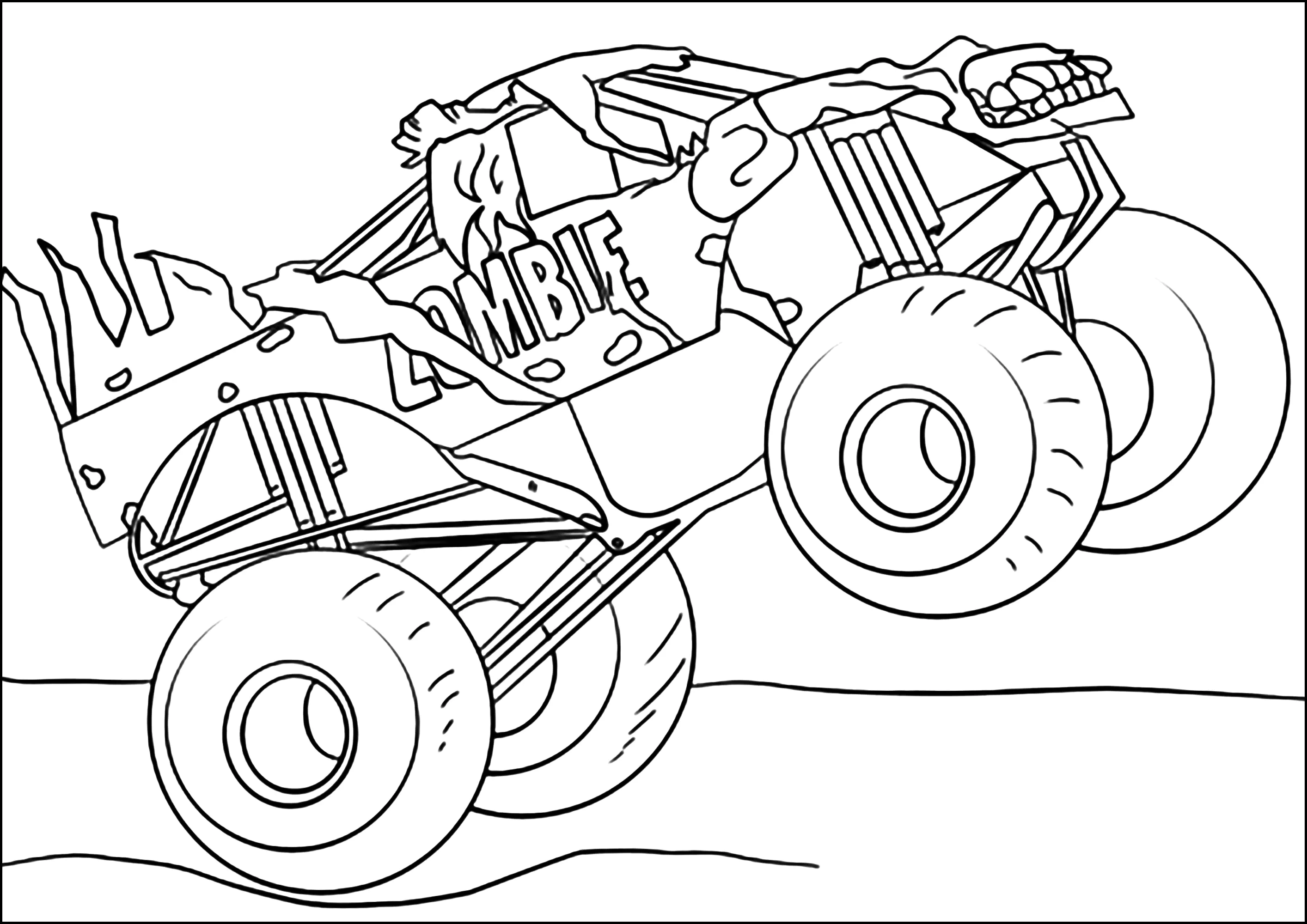 Brüllender Monstertruck auf den zwei hinteren Rädern. (Ausmalbild von Monster Truck zum Ausdrucken und Ausmalen für Kinder)