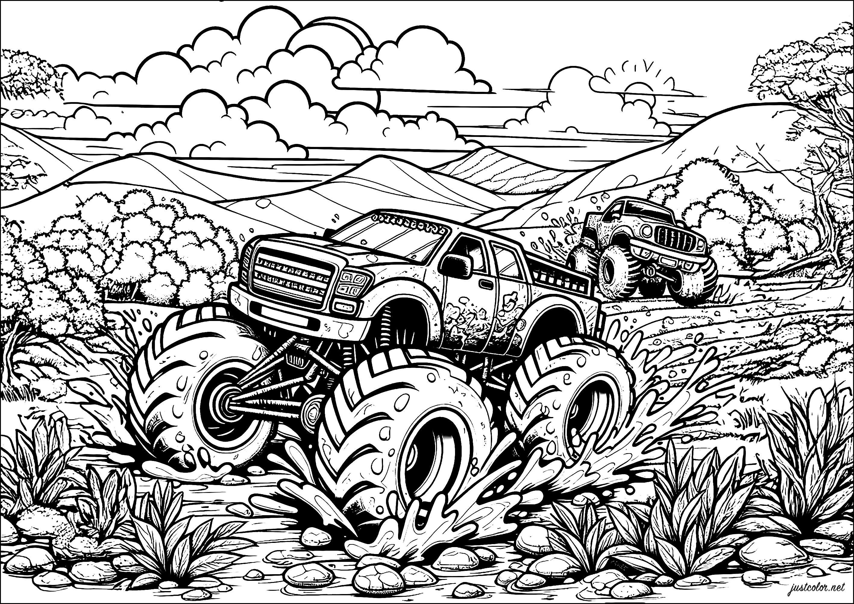 Das Schlammrennen (Ausmalbild von Monster Truck zum Ausdrucken und Ausmalen für Kinder)
