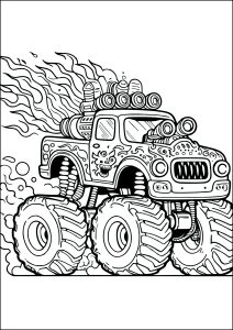Monstertruck mit Flammen, die aus seinen riesigen Auspuffrohren kommen. (Ausmalbild von Monster Truck)