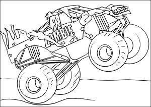 Brüllender Monstertruck auf den zwei hinteren Rädern. (Ausmalbild von Monster Truck)
