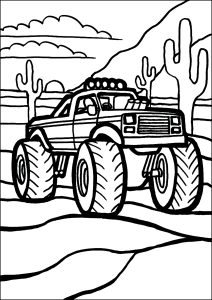 Ein Monstertruck mit sehr dicken Linien in der Wüste. (Ausmalbild von Monster Truck)