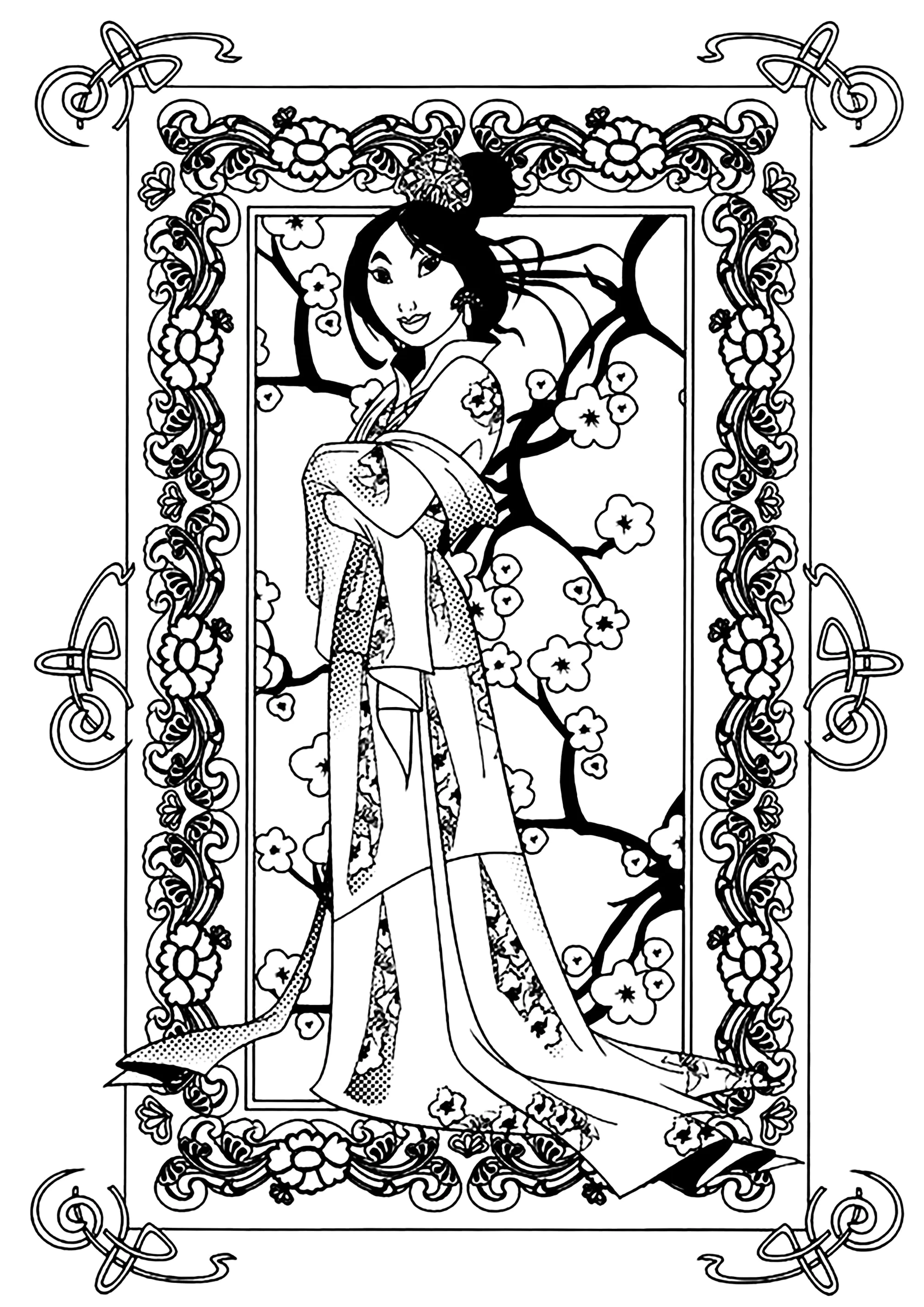 Mulan im hübschen Rahmen mit chinesischen Blumenmotiven. (Ausmalbild zum Ausdrucken und Ausmalen für Kinder)