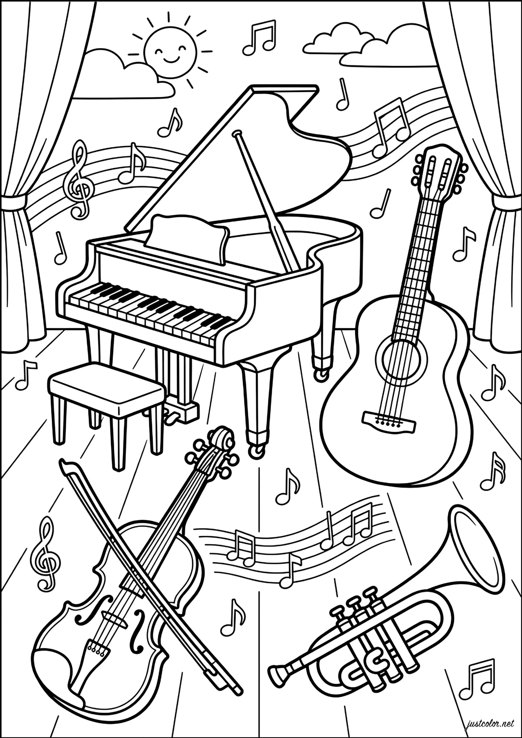 Klavier, Gitarre, Violine und Trompete (Ausmalbild von Musikinstrumente zum Ausdrucken und Ausmalen für Kinder)