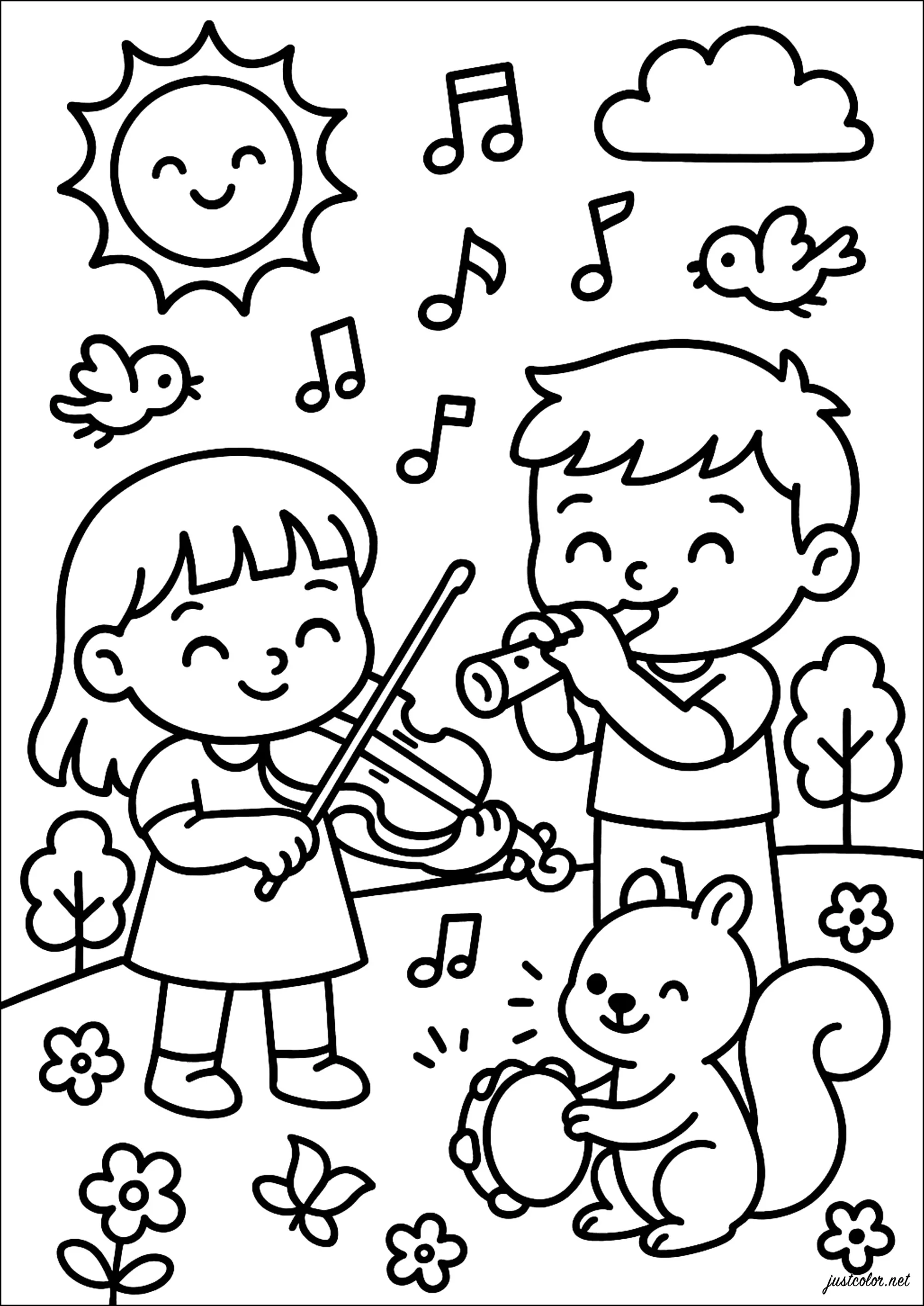 Ländliches Kinderkonzert (Ausmalbild von Musikinstrumente zum Ausdrucken und Ausmalen für Kinder)