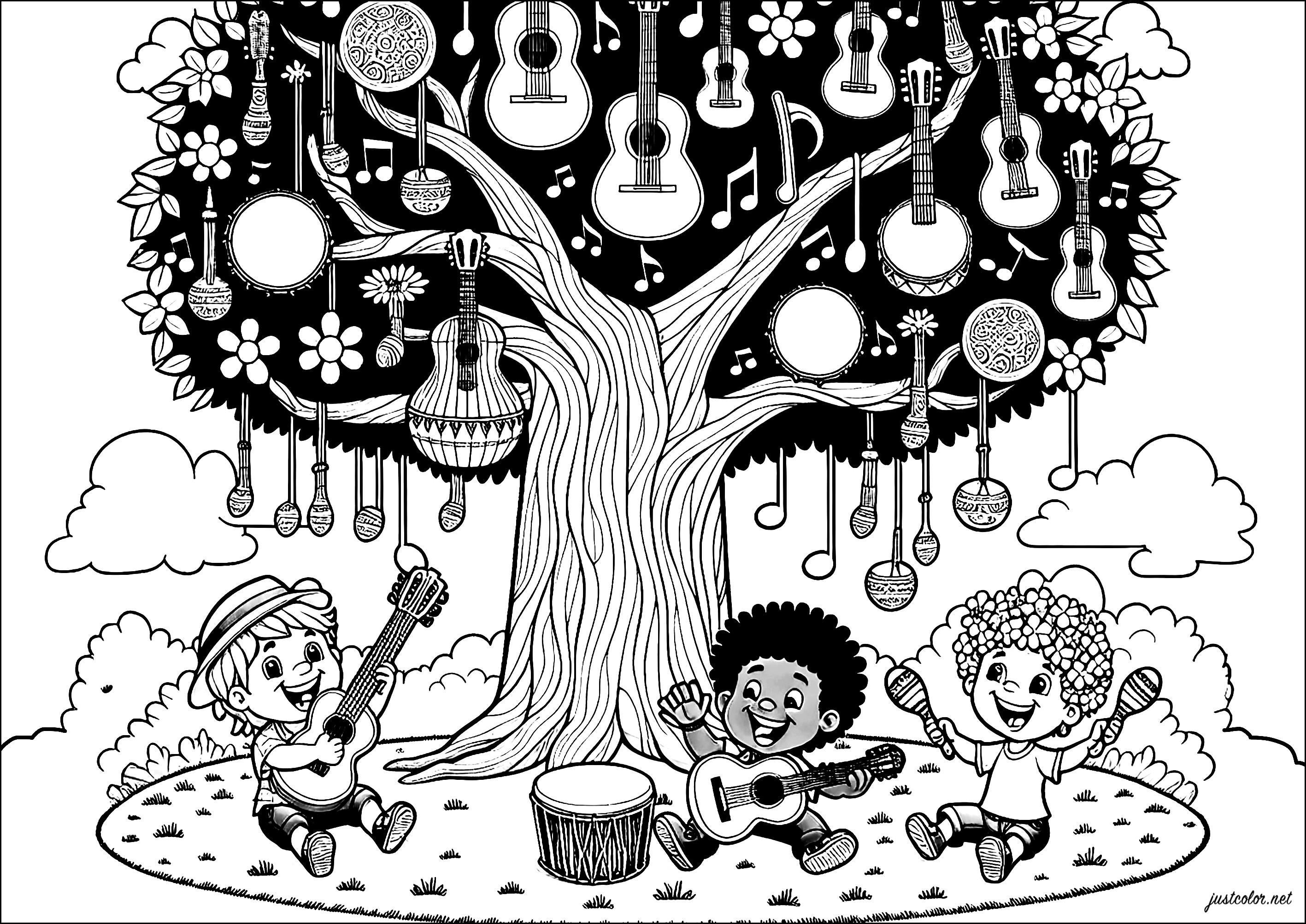 Der Baum mit den Musikinstrumenten (Ausmalbild von Musikinstrumente zum Ausdrucken und Ausmalen für Kinder)
