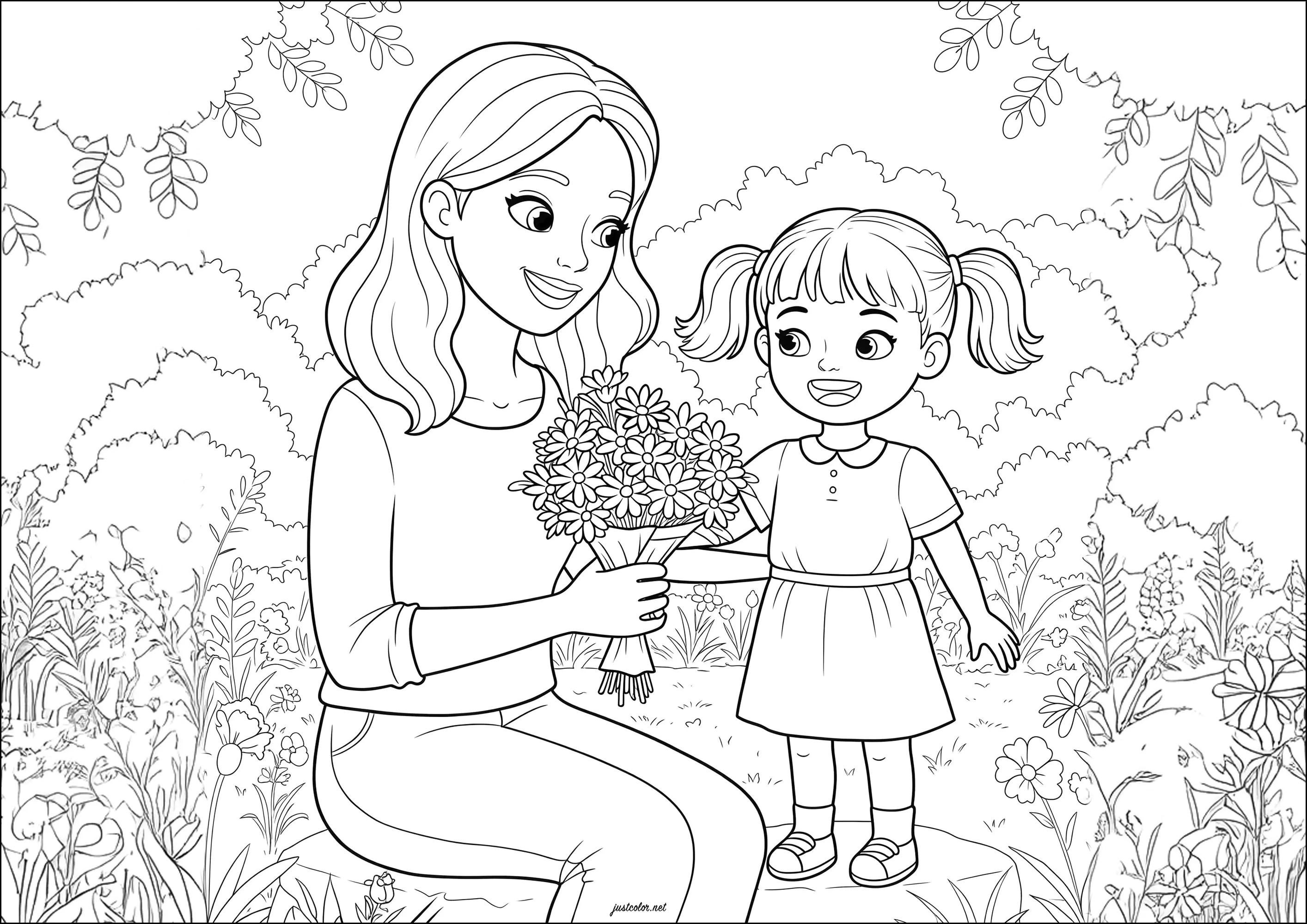 Dieses kleine Mädchen schenkt seiner Mutter Blumen (Ausmalbild von Muttertag zum Ausdrucken und Ausmalen für Kinder)