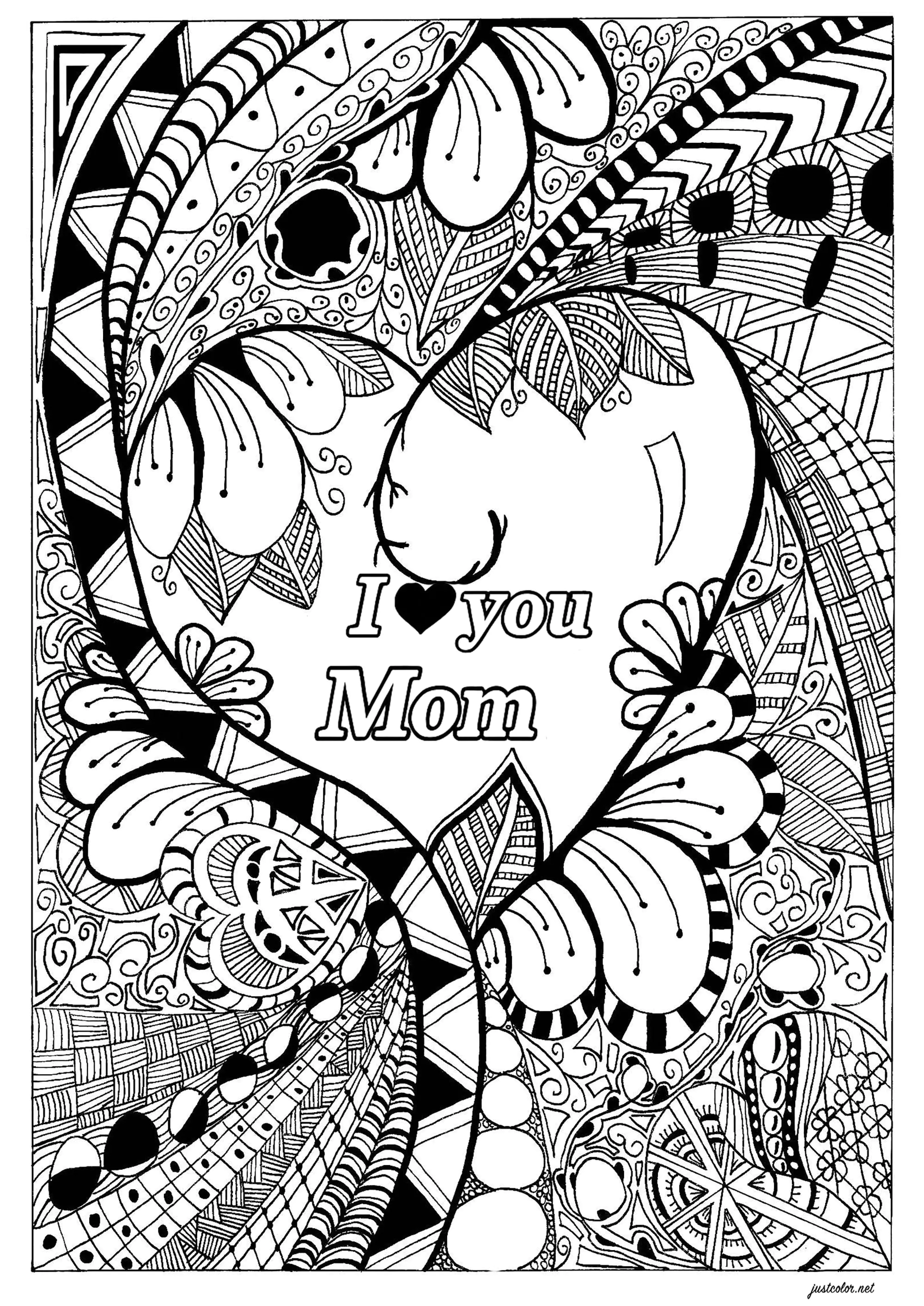 Ein Herz mit Zentangle-Muster für den Muttertag (Ausmalbild zum Ausdrucken und Ausmalen für Kinder)