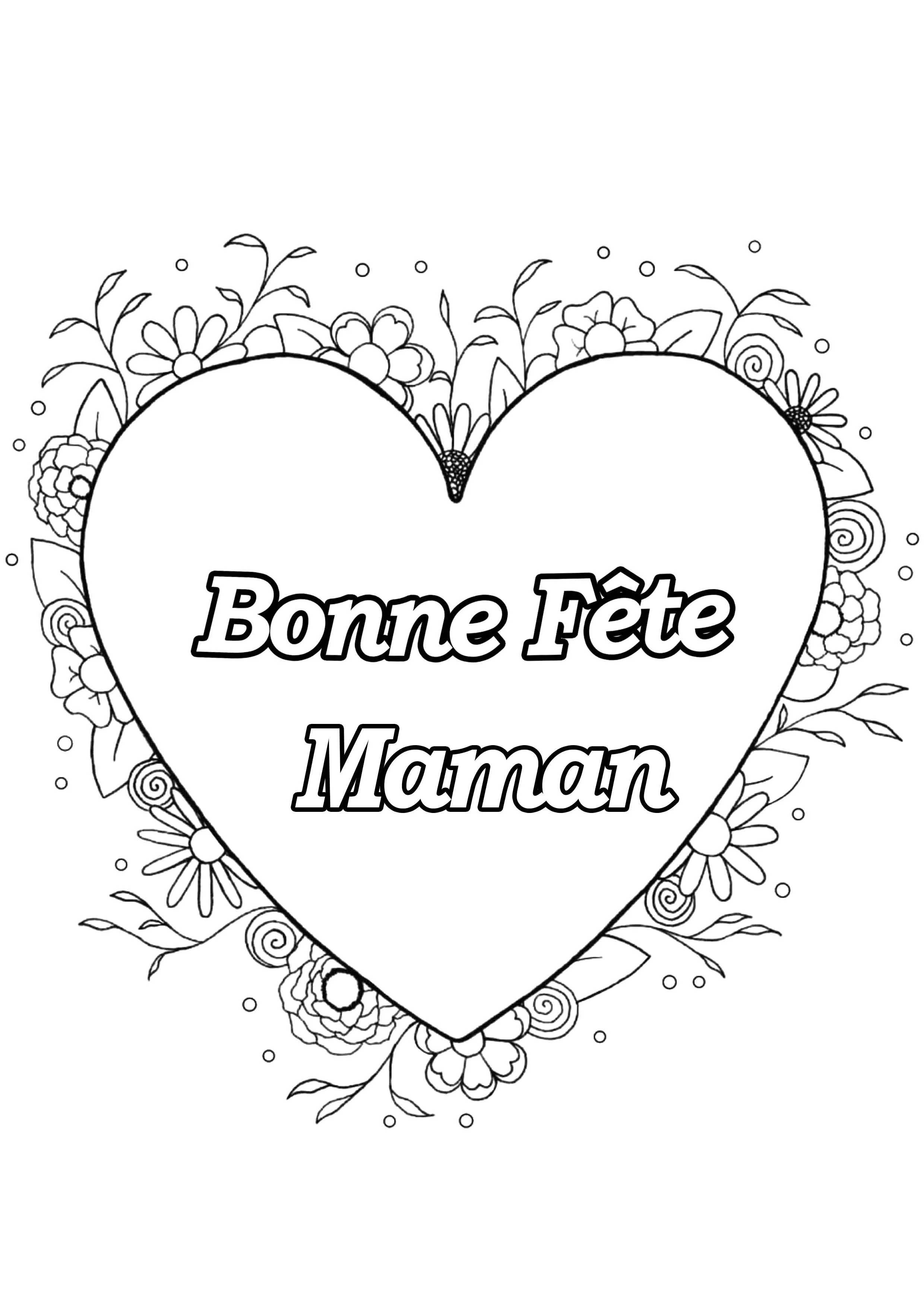 "Alles Gute zum Muttertag" in einem großen Herz (Ausmalbild zum Ausdrucken und Ausmalen für Kinder)