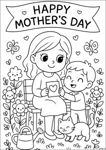 Dieses Kind schenkt seiner Mutter ein schönes Bild zum Muttertag (Ausmalbild)