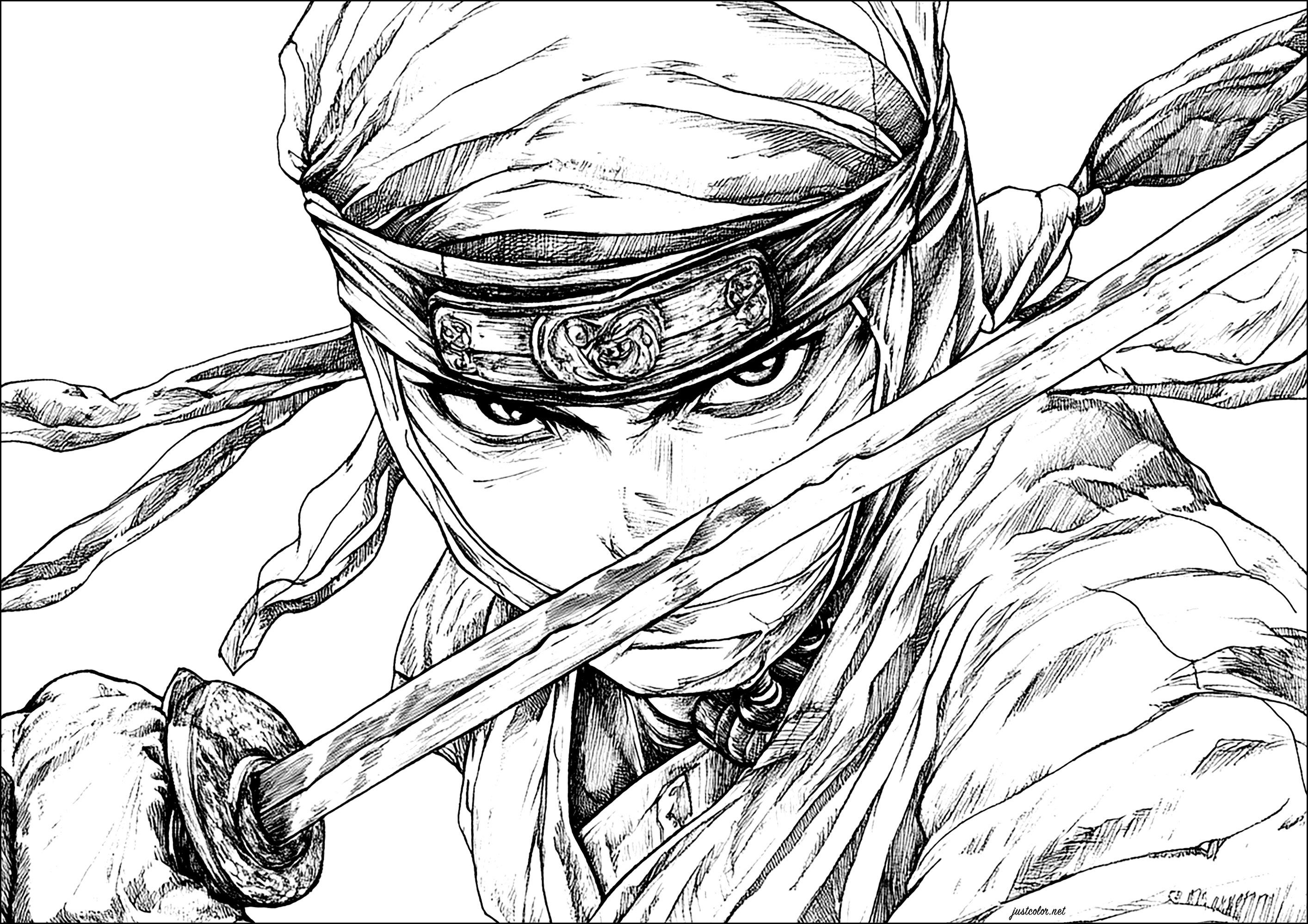 Zoom auf das Gesicht eines Ninja (Ausmalbild zum Ausdrucken und Ausmalen für Kinder)