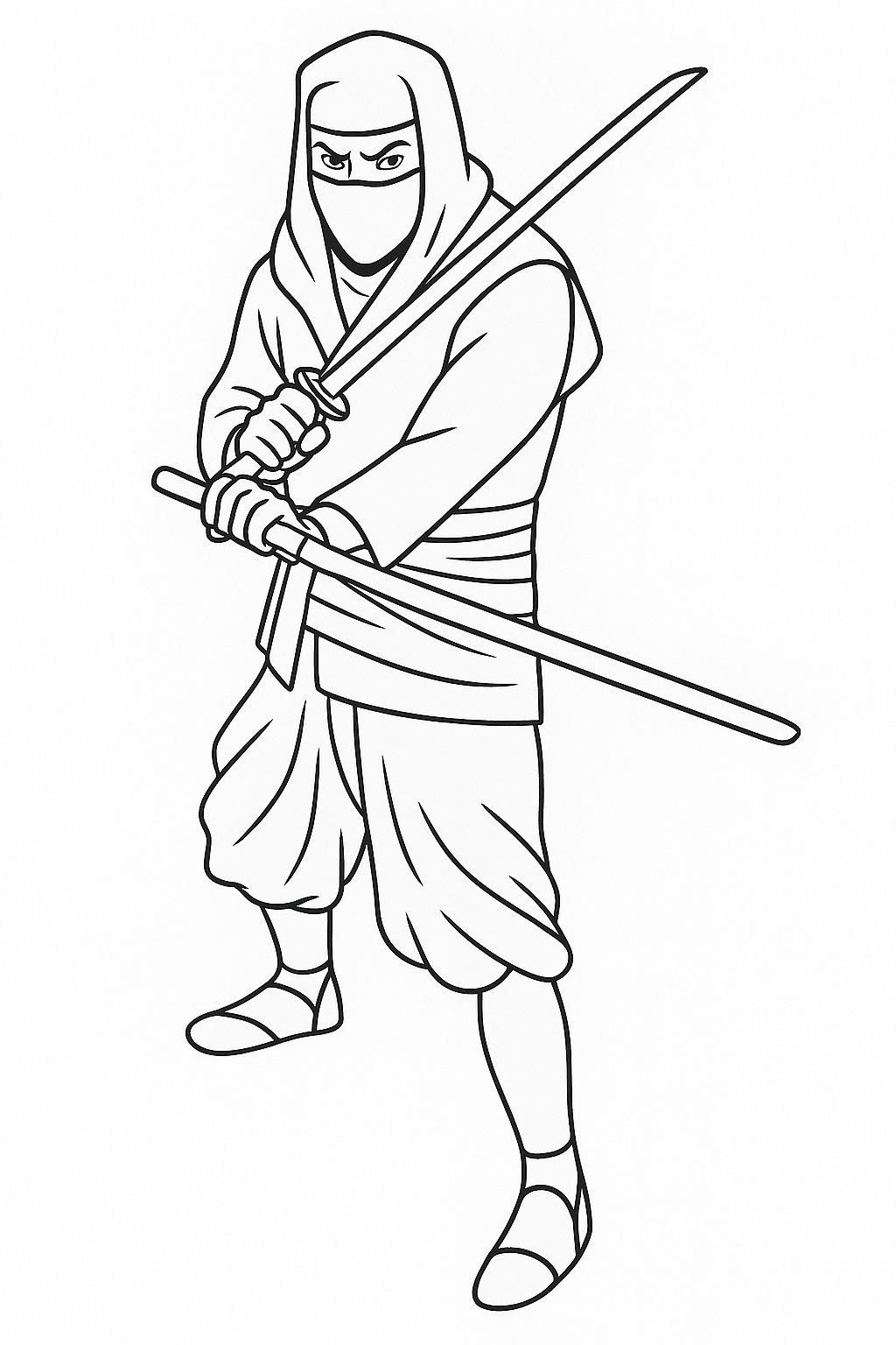 Ein Ninja mit grimmigem Blick, der bereit ist, sich seinem Feind zu stellen (Ausmalbild zum Ausdrucken und Ausmalen für Kinder)
