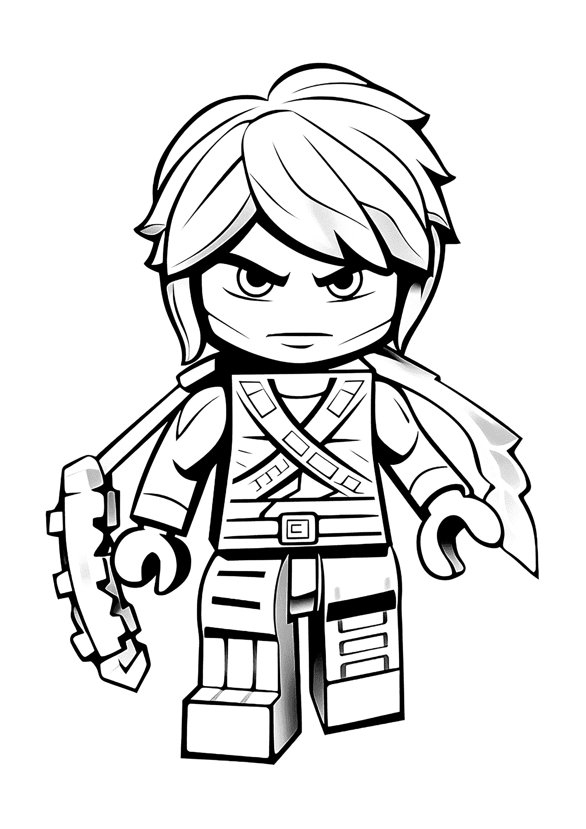 Lego Ninjago Figur, bereit für Aktion. (Ausmalbild zum Ausdrucken und Ausmalen für Kinder)