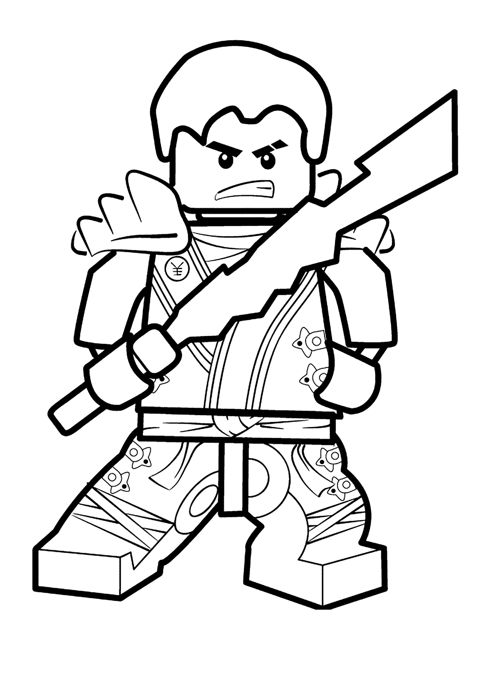 Lego Ninjago Figur und riesiges Schwert. (Ausmalbild zum Ausdrucken und Ausmalen für Kinder)