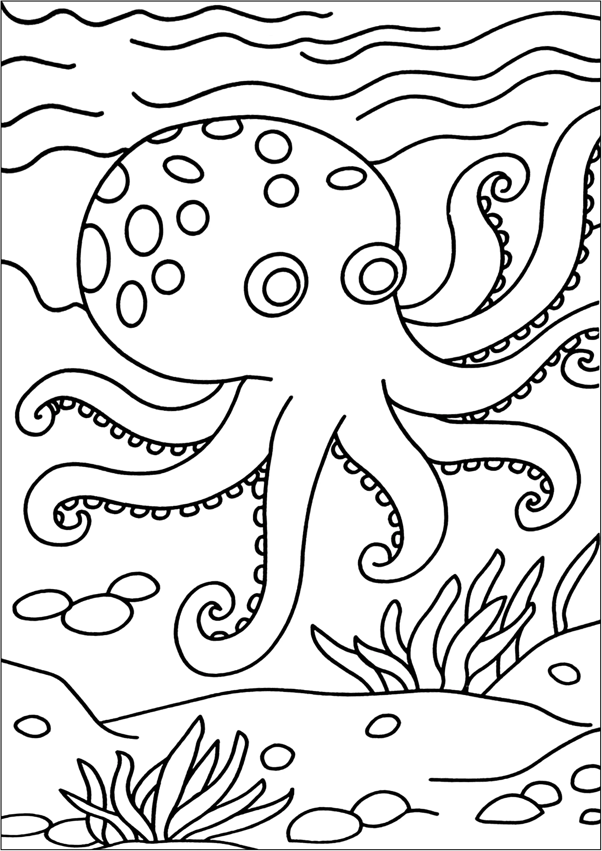 Eine hübsche Krake am Grund des Ozeans. (Ausmalbild von Oktopusse zum Ausdrucken und Ausmalen für Kinder)