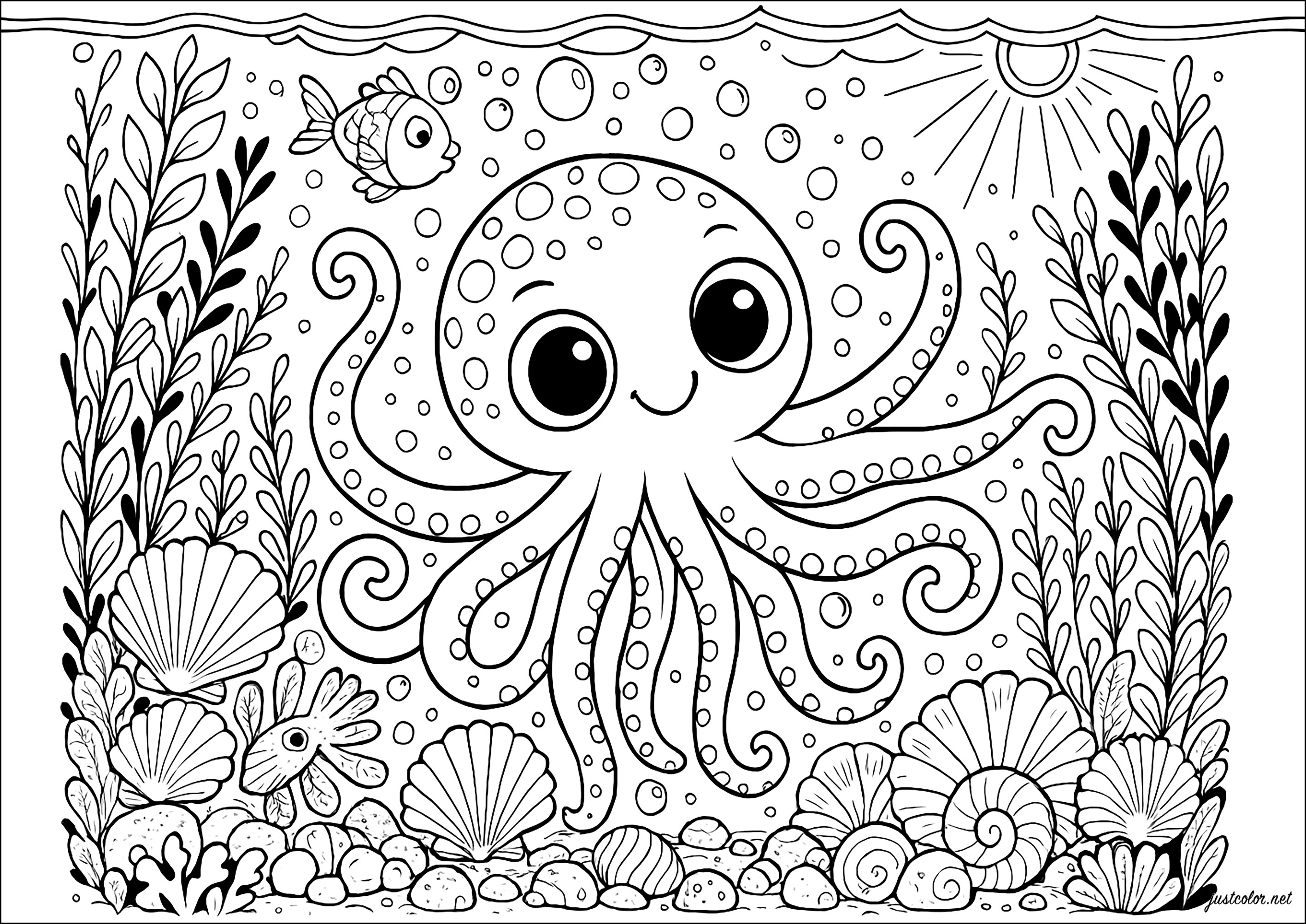 Hübscher Oktopus im Meeresgrund (Ausmalbild von Oktopusse zum Ausdrucken und Ausmalen für Kinder)