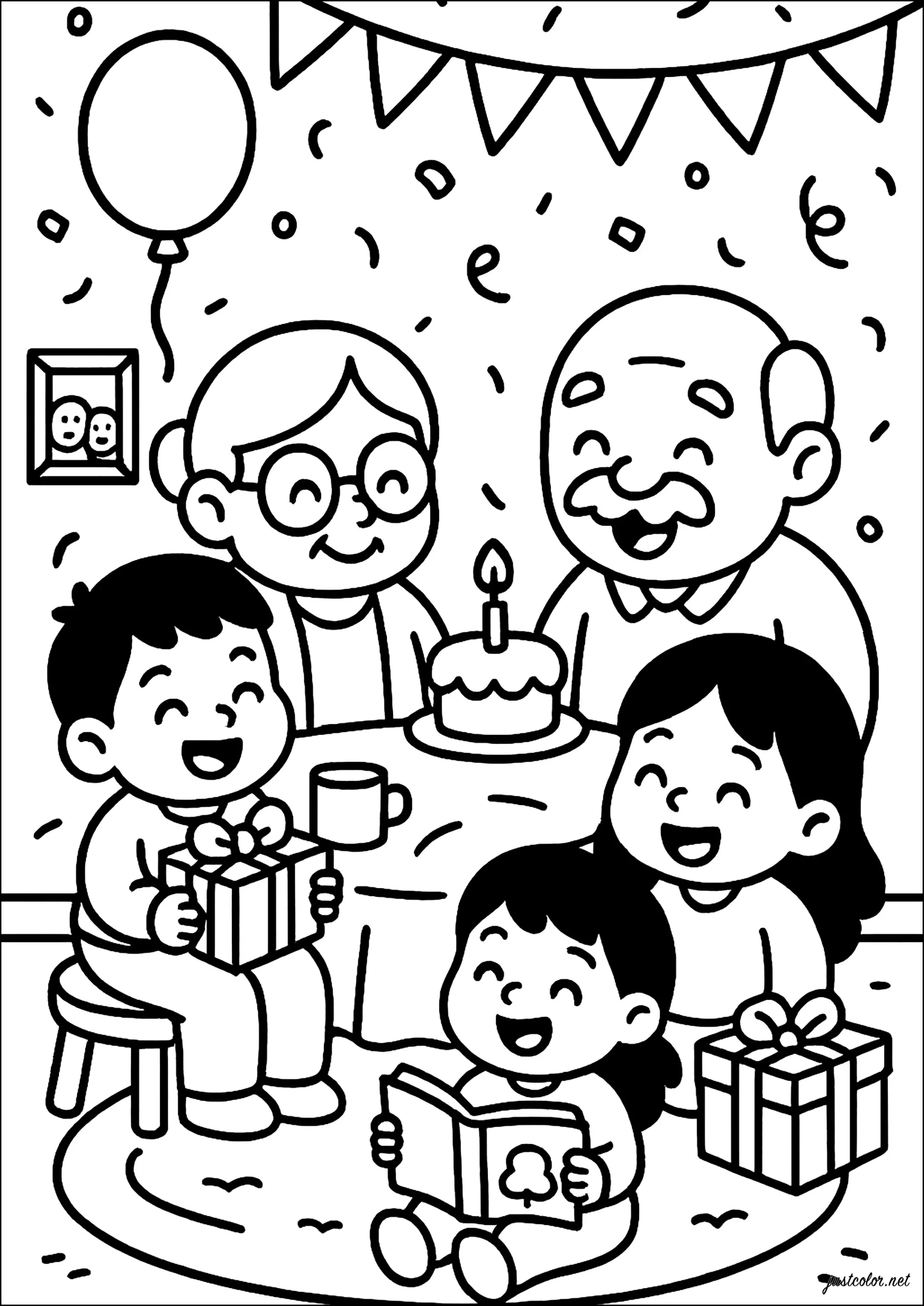 Frohe Weihnachten mit der Familie (Ausmalbild von Oma Und Opatag zum Ausdrucken und Ausmalen für Kinder)