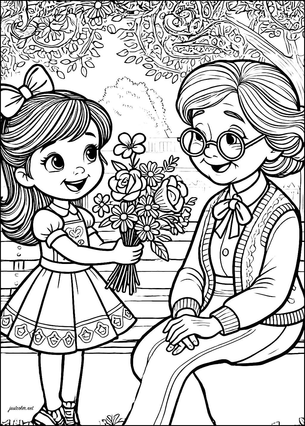 Blumiges Geschenk für den Tag der Großen Mutter (Ausmalbild von Oma- und Opatag zum Ausdrucken und Ausmalen für Kinder)