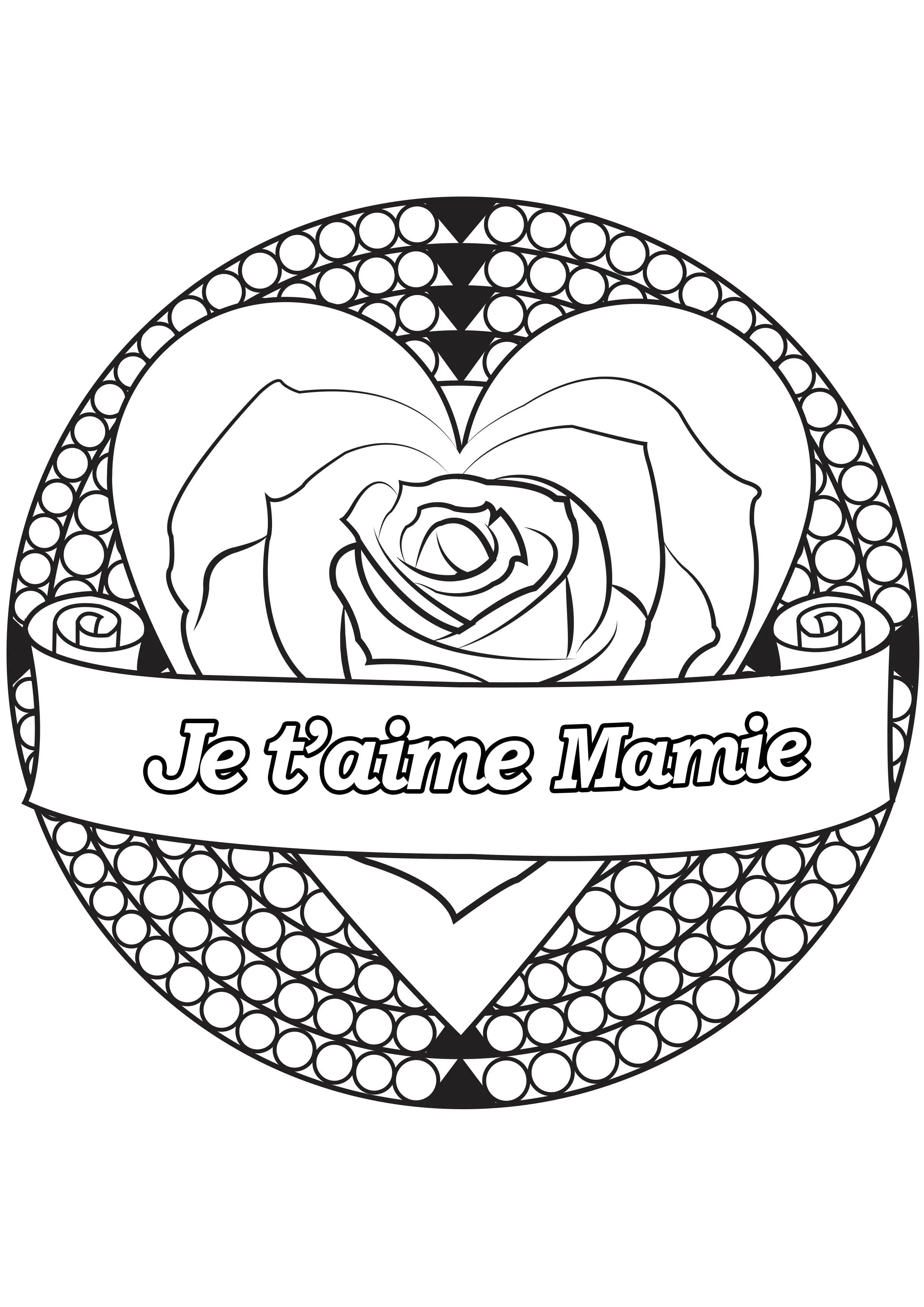 Rose und Text "Ich liebe dich Fête Mamie". (Ausmalbild von Oma- und Opatag zum Ausdrucken und Ausmalen für Kinder)