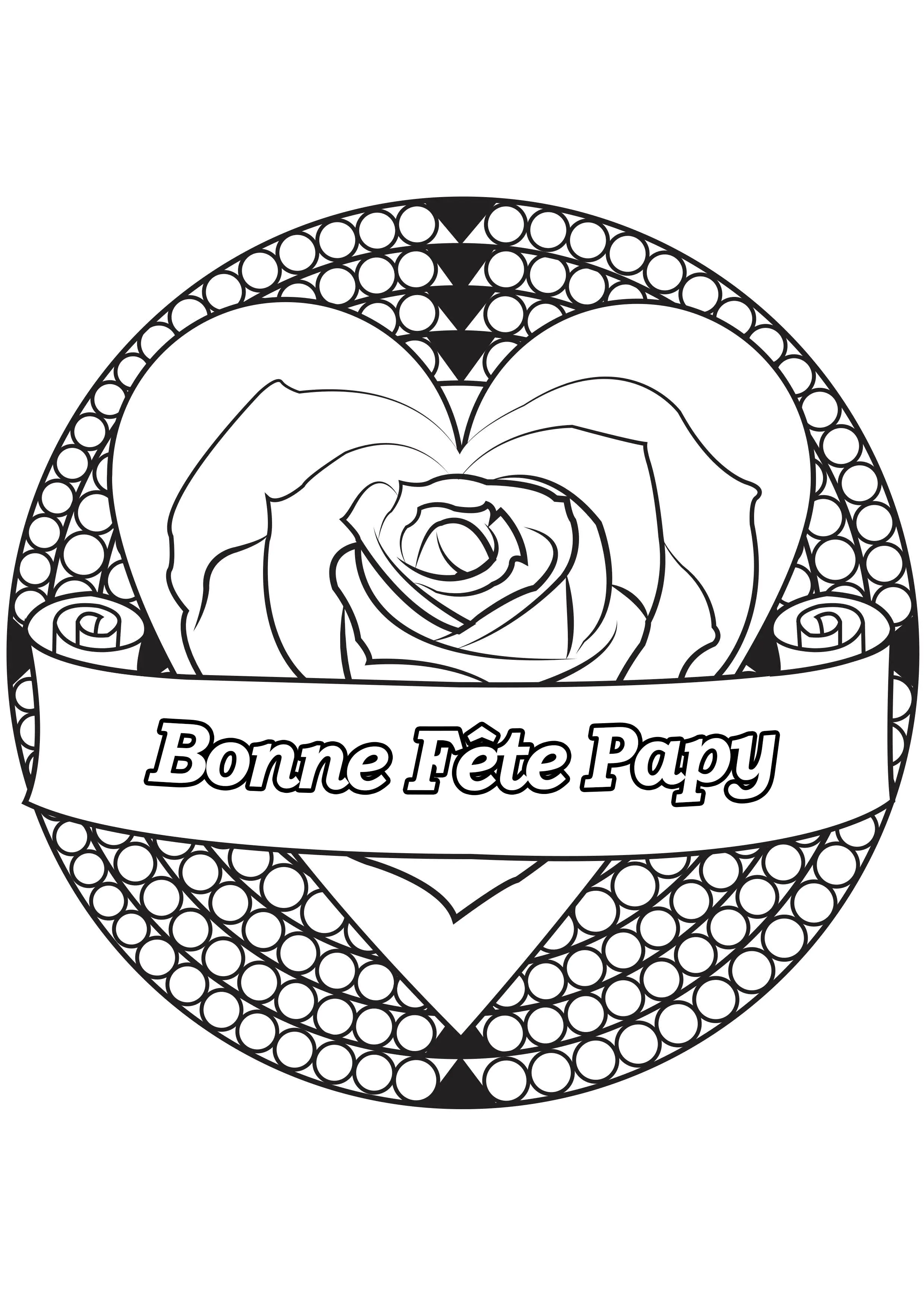 Rose und Text "Frohes Fest Opa". (Ausmalbild von Oma- und Opatag zum Ausdrucken und Ausmalen für Kinder)