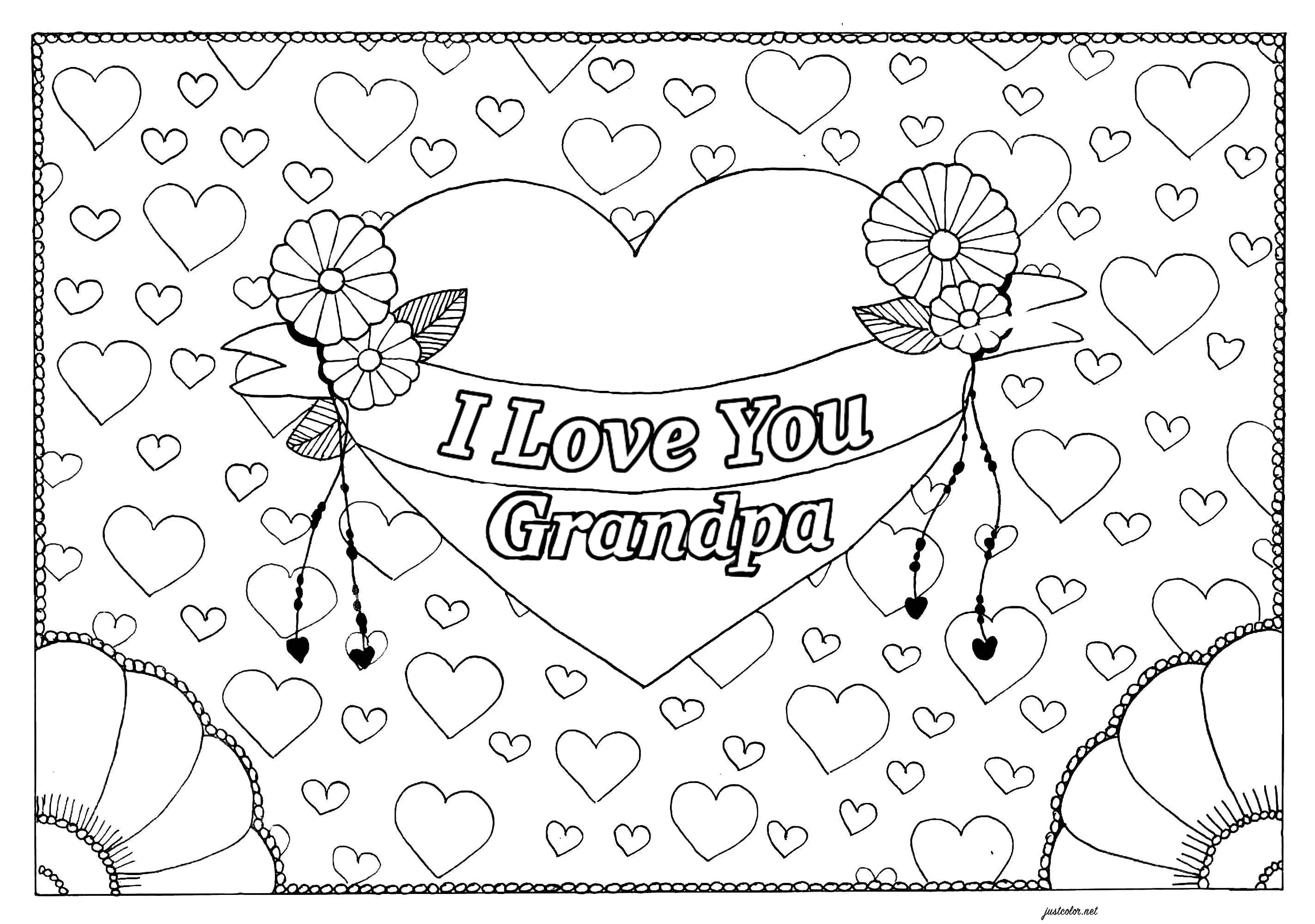 Einfaches Ausmalbild "I love you Grandpa". (Ausmalbild von Oma- und Opatag zum Ausdrucken und Ausmalen für Kinder)