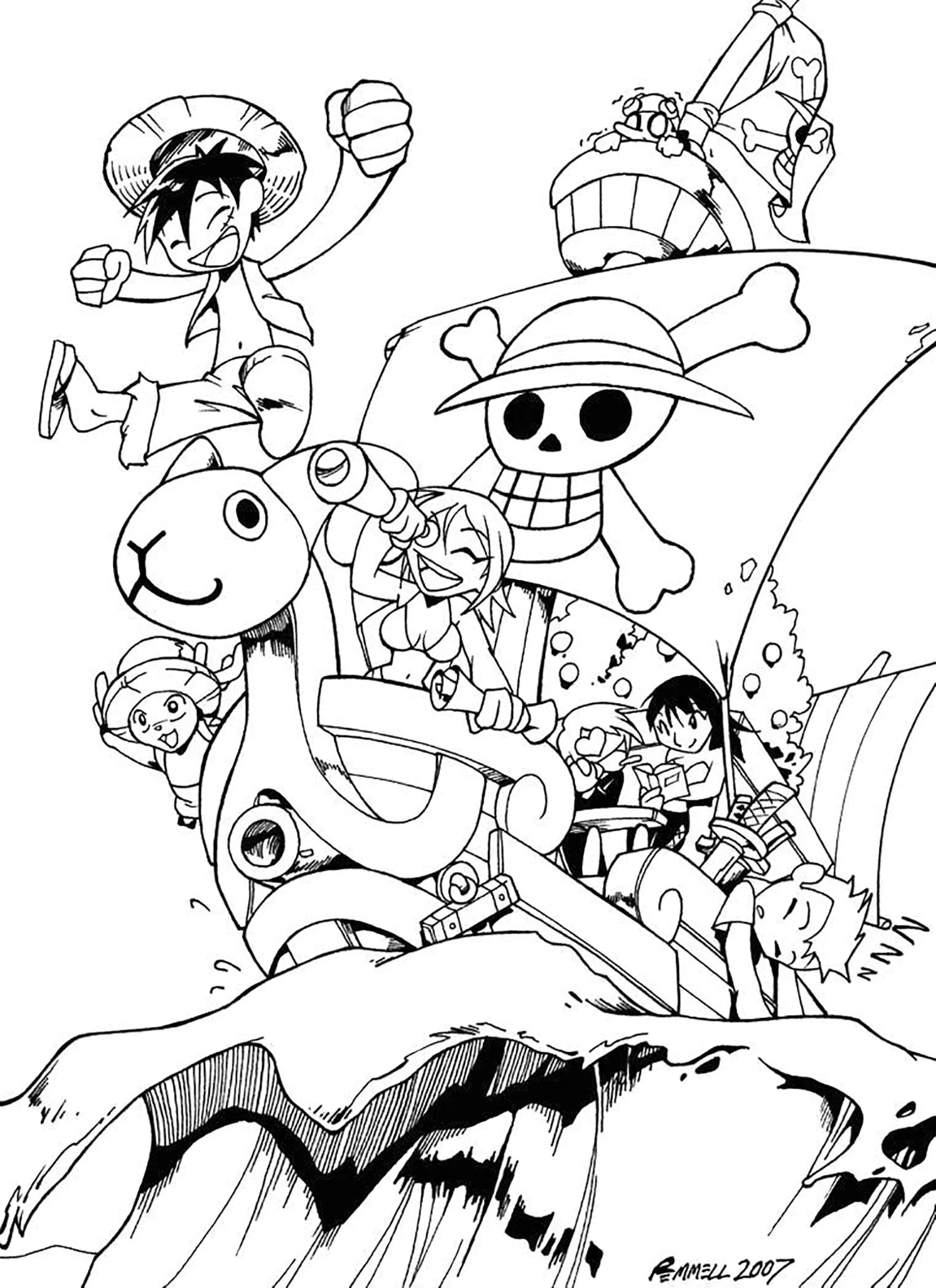 Piraten in einem Schiff vereint (Ausmalbild von One Piece zum Ausdrucken und Ausmalen für Kinder)
