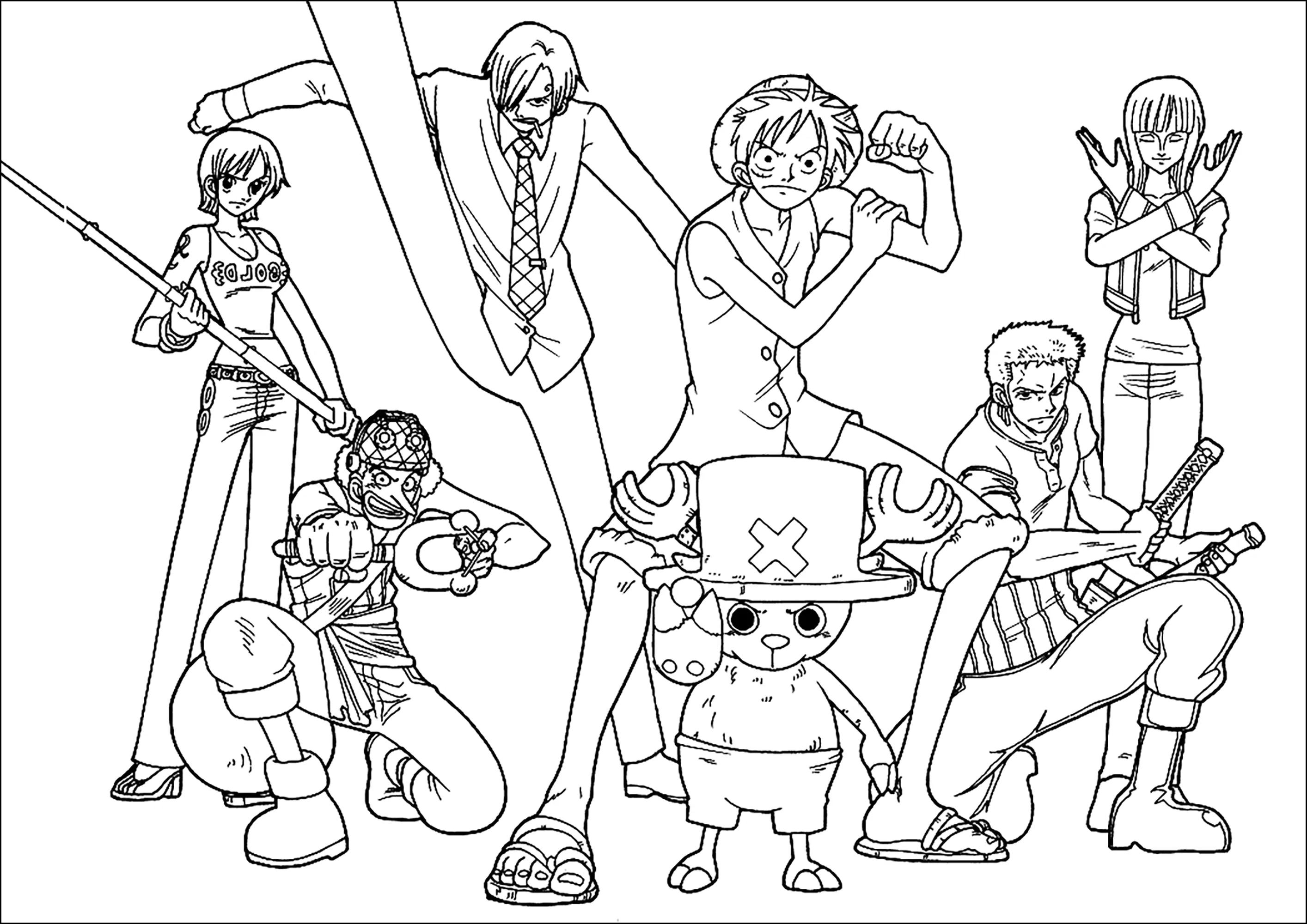 Ausmalbild mit sieben Figuren aus dem Manga One Piece (Ausmalbild zum Ausdrucken und Ausmalen für Kinder)
