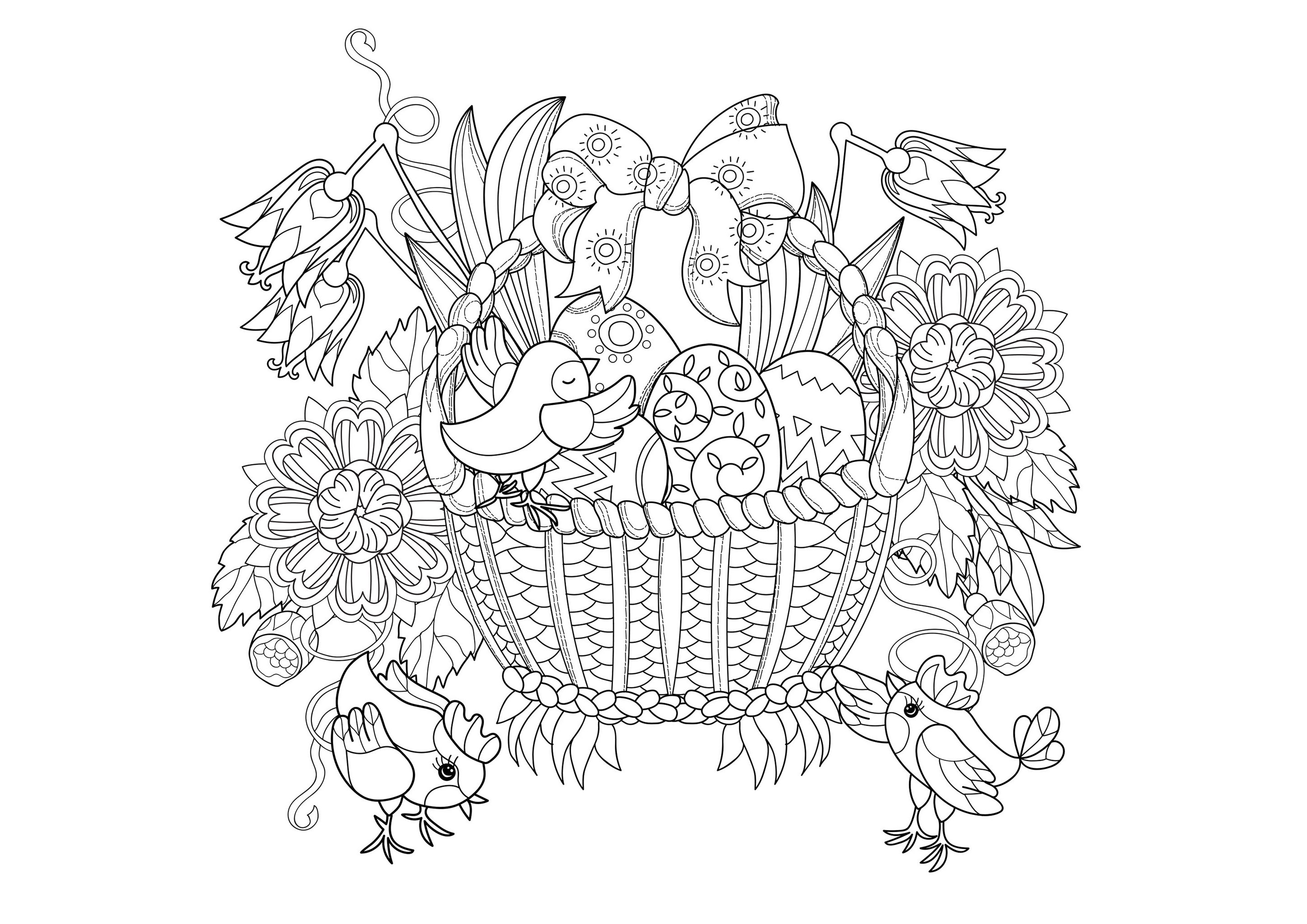 Osterkorb und Küken (Ausmalbild von Ostern zum Ausdrucken und Ausmalen für Kinder)