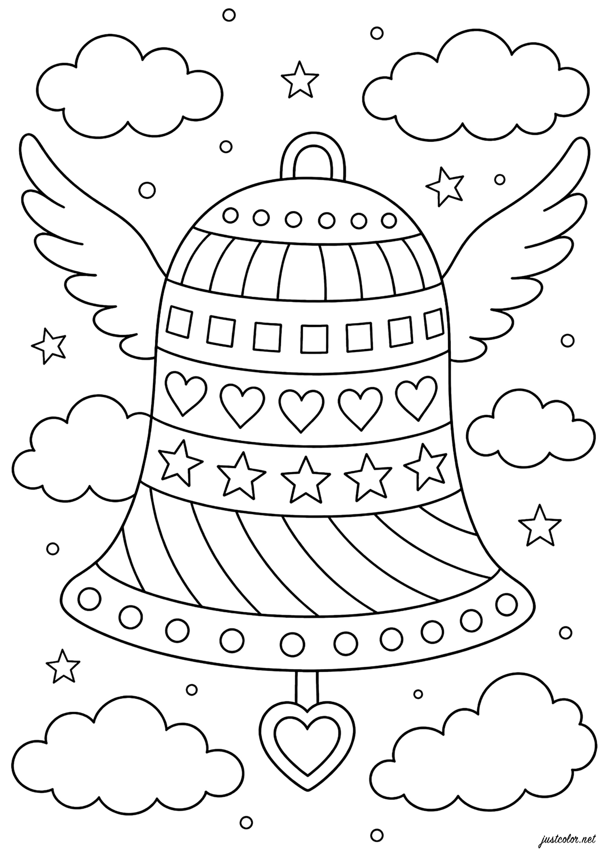 Fliegende Glocke und verzauberte Wolken (Ausmalbild von Ostern zum Ausdrucken und Ausmalen für Kinder)