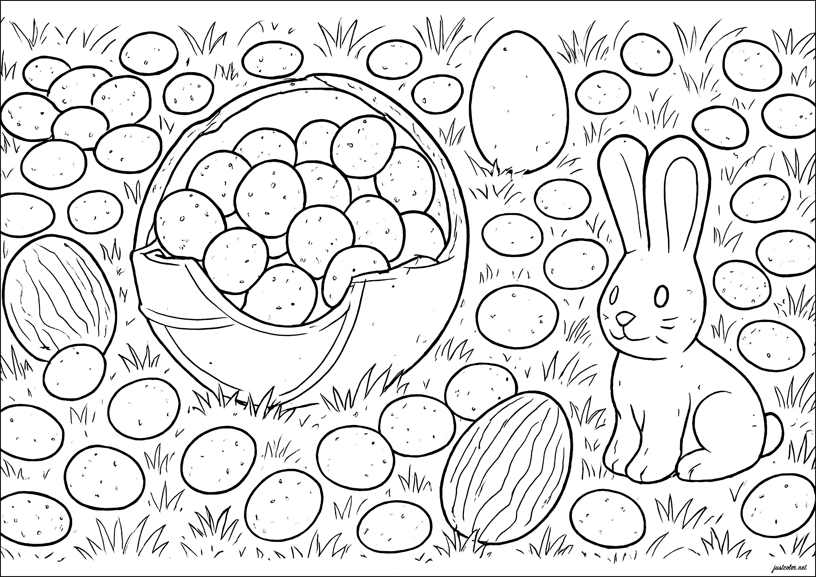 Viele Eier und ein Kaninchen aus Cholocat (Ausmalbild von Ostern zum Ausdrucken und Ausmalen für Kinder)
