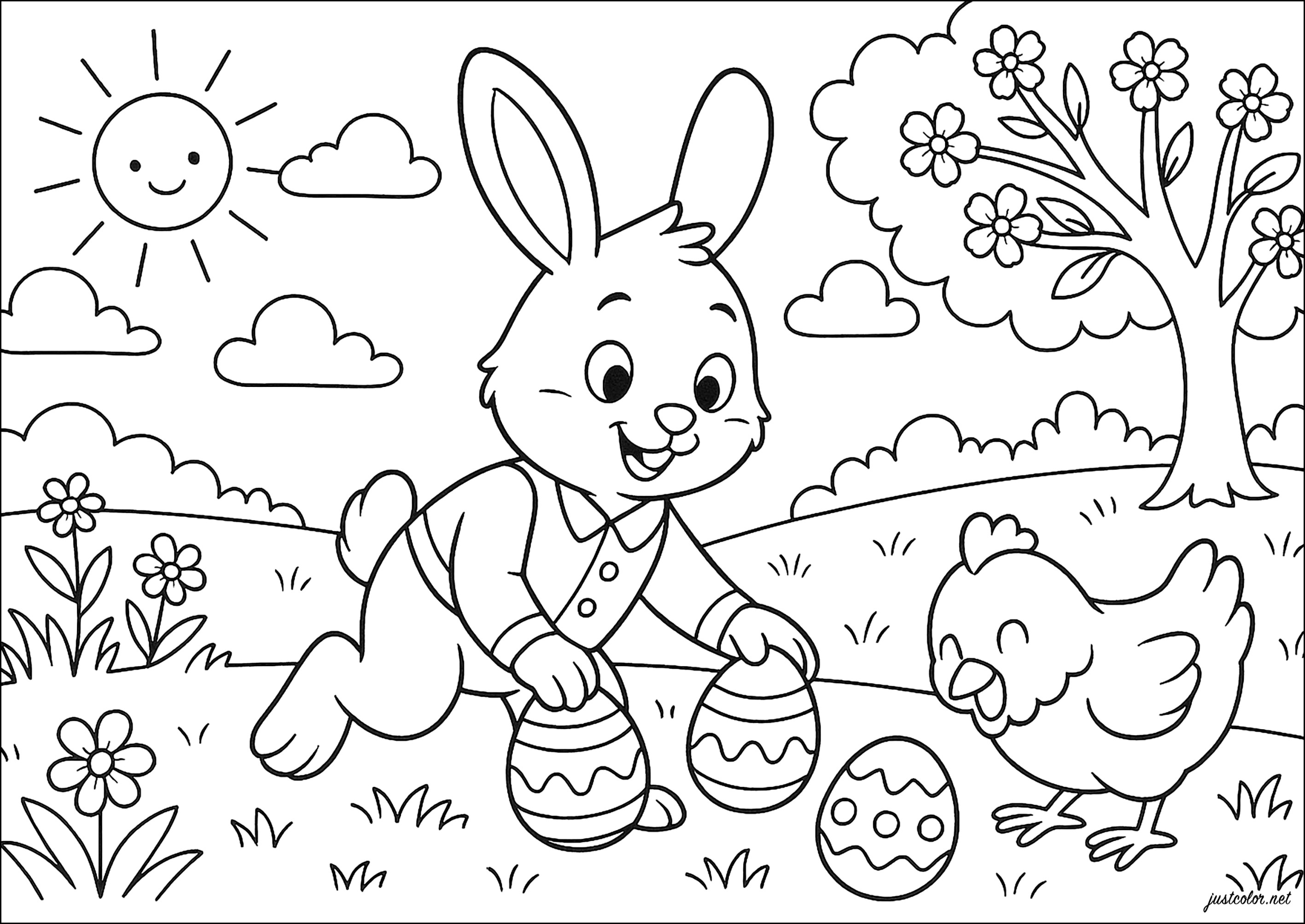 Der Osterhase und das Osterhuhn (Ausmalbild von Ostern zum Ausdrucken und Ausmalen für Kinder)