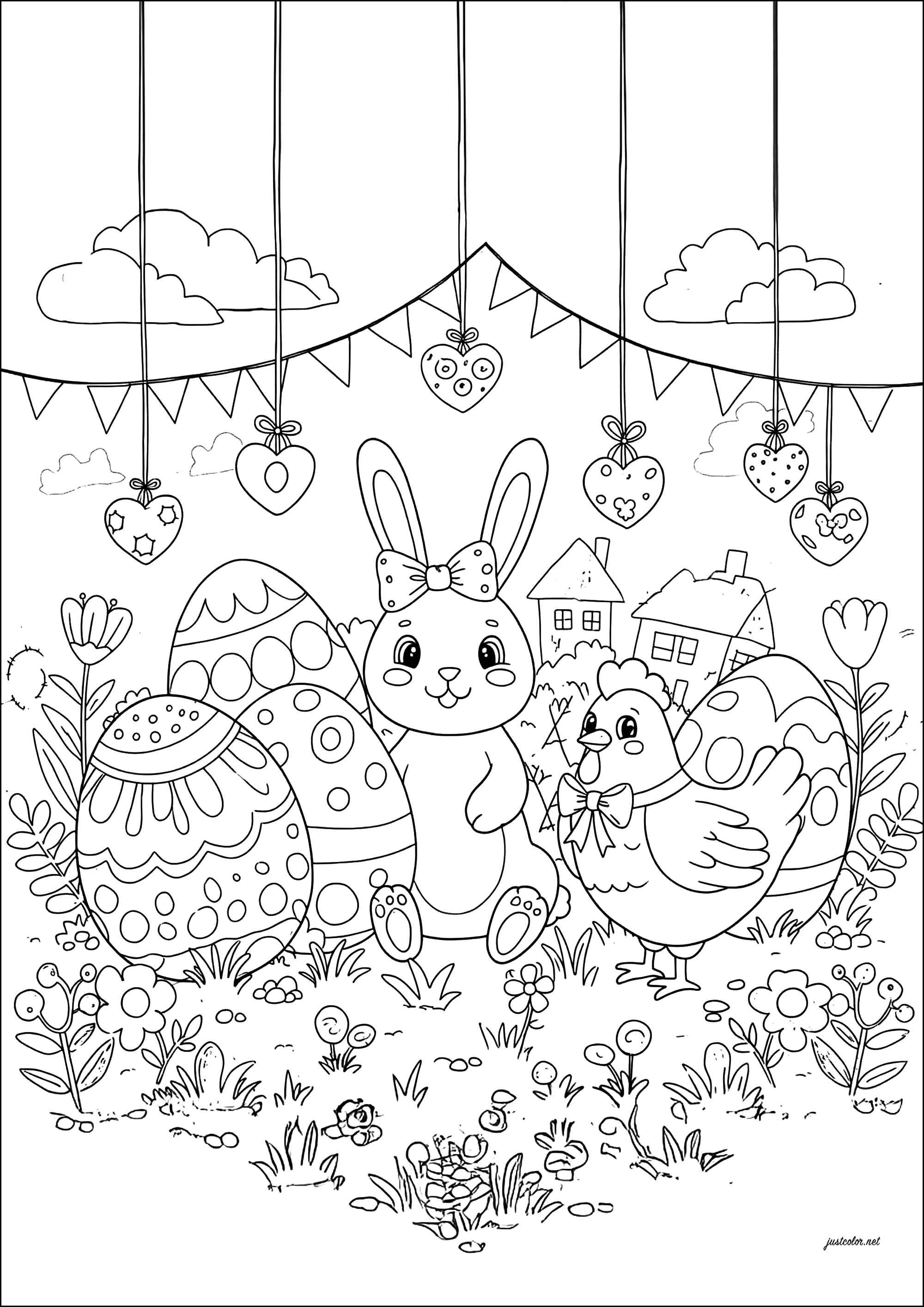 Hase und Huhn umgeben von Ostereiern (Ausmalbild von Ostern zum Ausdrucken und Ausmalen für Kinder)