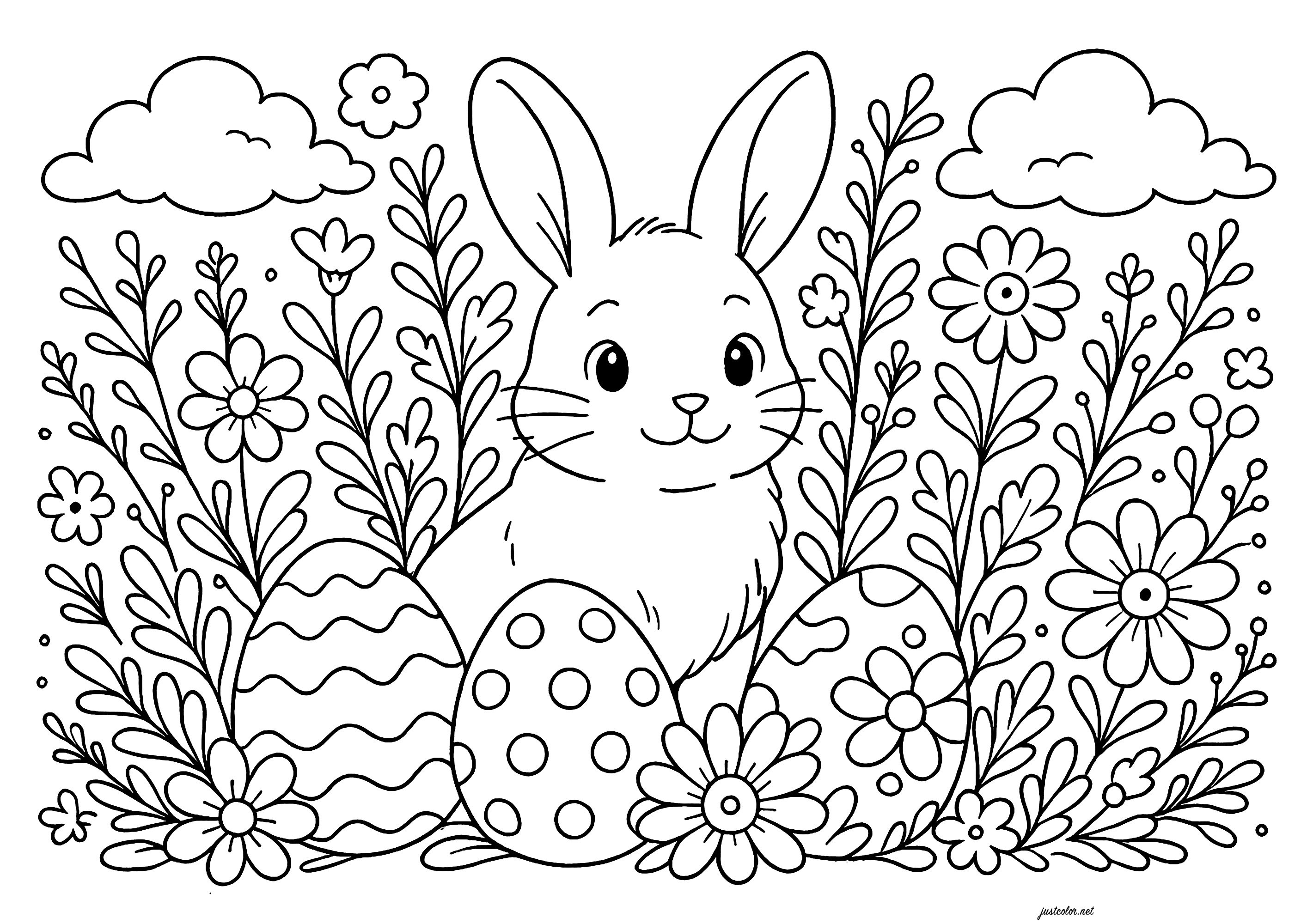Niedliches Kaninchen hinter verzierten Eiern (Ausmalbild von Ostern zum Ausdrucken und Ausmalen für Kinder)