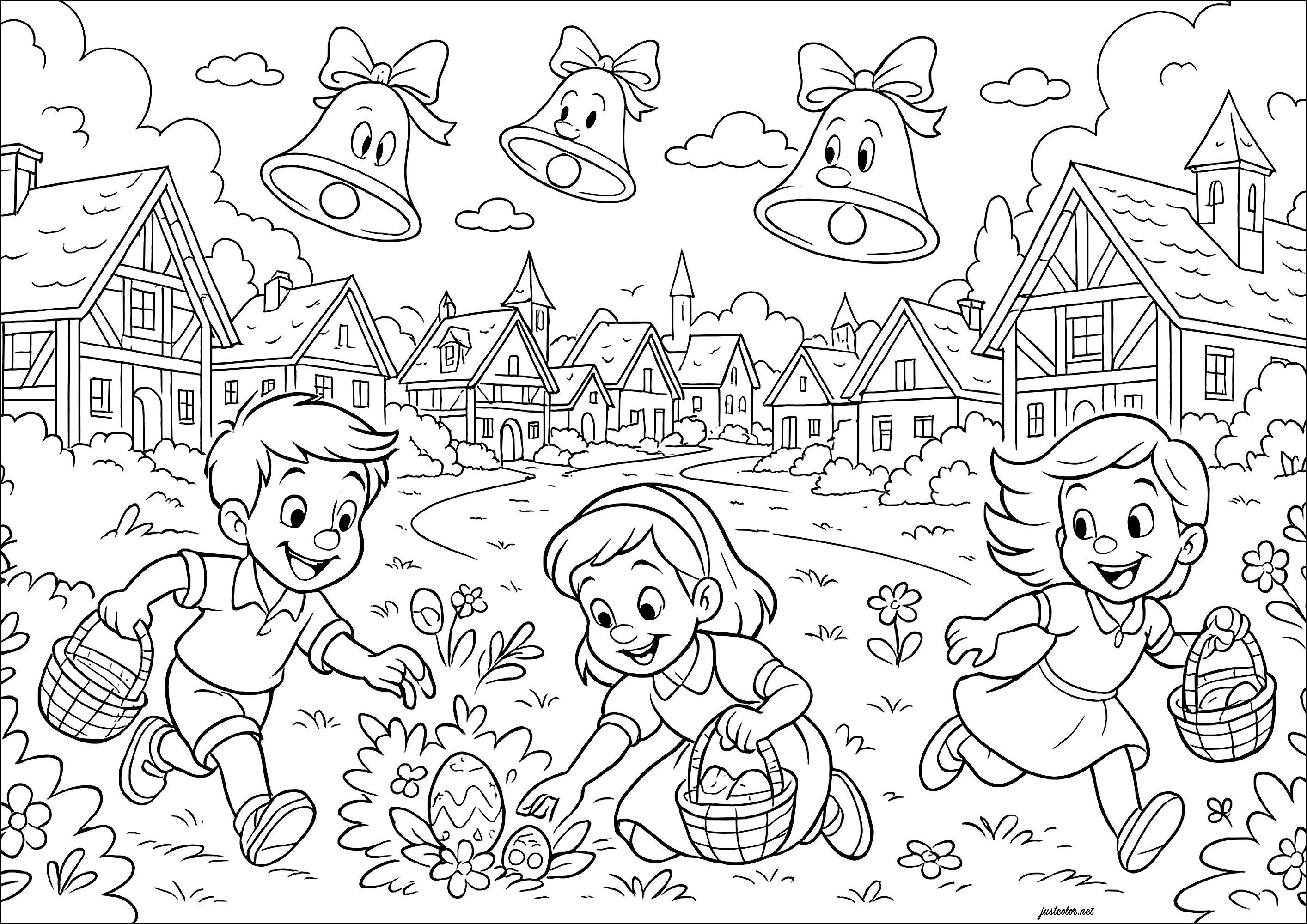 Ostereiersuche, mit Glocken am Himmel (Ausmalbild von Ostern zum Ausdrucken und Ausmalen für Kinder)