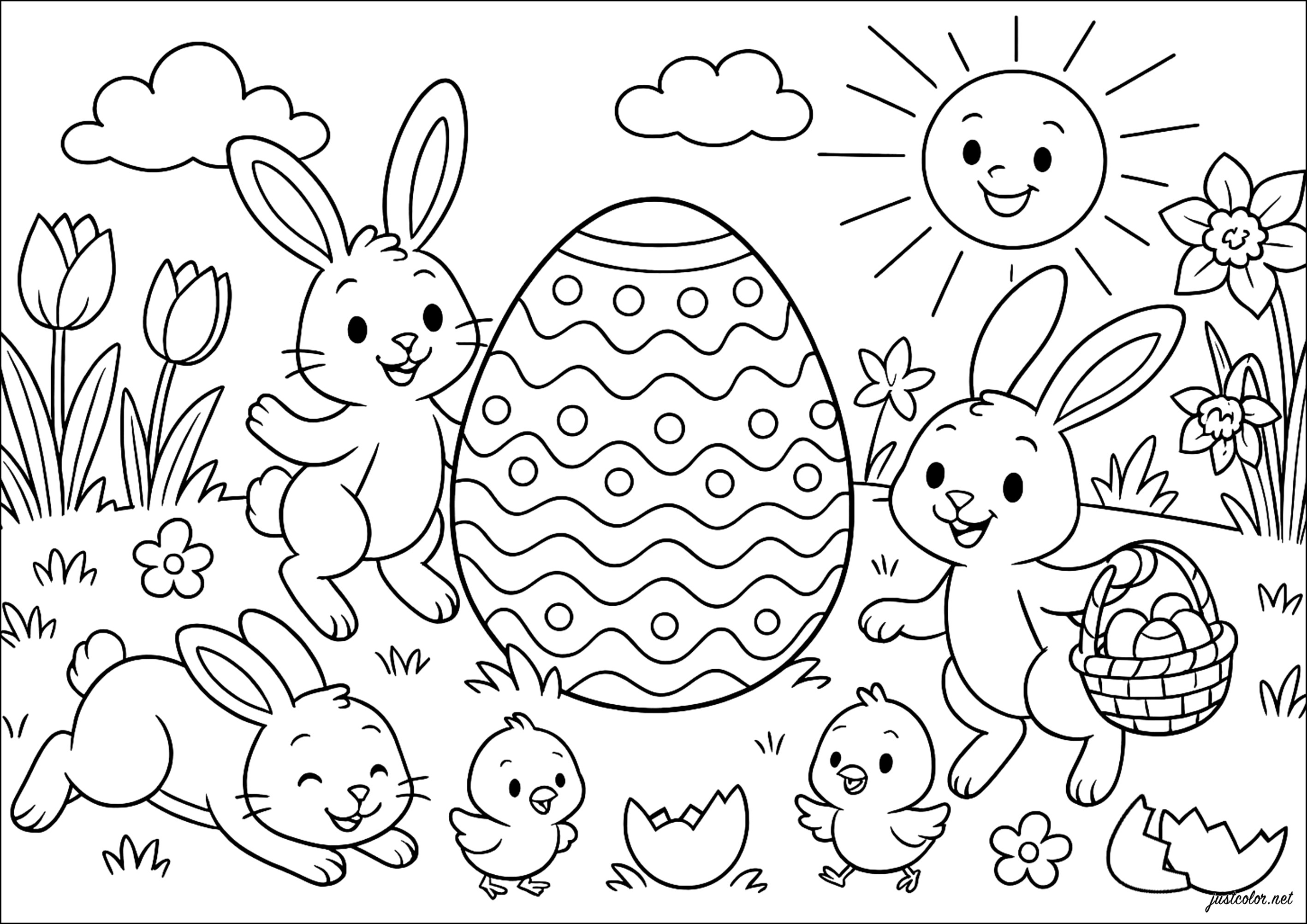 Fröhliche Kaninchen und Ostereier (Ausmalbild von Ostern zum Ausdrucken und Ausmalen für Kinder)