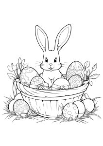 Ein Hase in einem Korb mit hübschen Ostereiern. (Ausmalbild von Ostern)