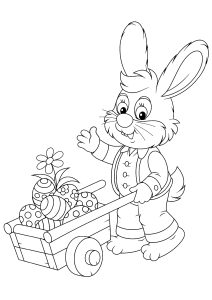 Ein Hase bringt Ostereier in einer Schubkarre. (Ausmalbild von Ostern)