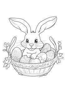 Kleiner Hase und dekorierte Eier (Ausmalbild von Ostern)
