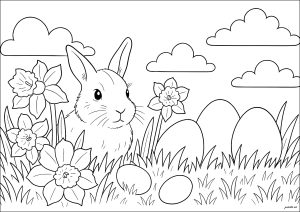 Hase und Ostereier auf einer Wiese (Ausmalbild von Ostern)