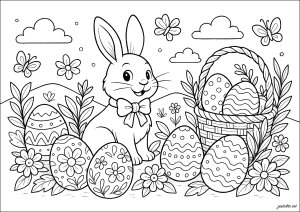 Fröhlicher Osterhasen mit Ostereiern (Ausmalbild von Ostern)