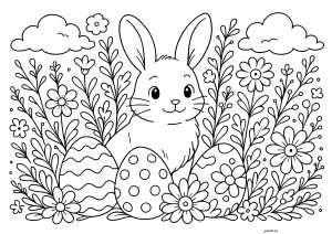 Niedliches Kaninchen hinter verzierten Eiern (Ausmalbild von Ostern)