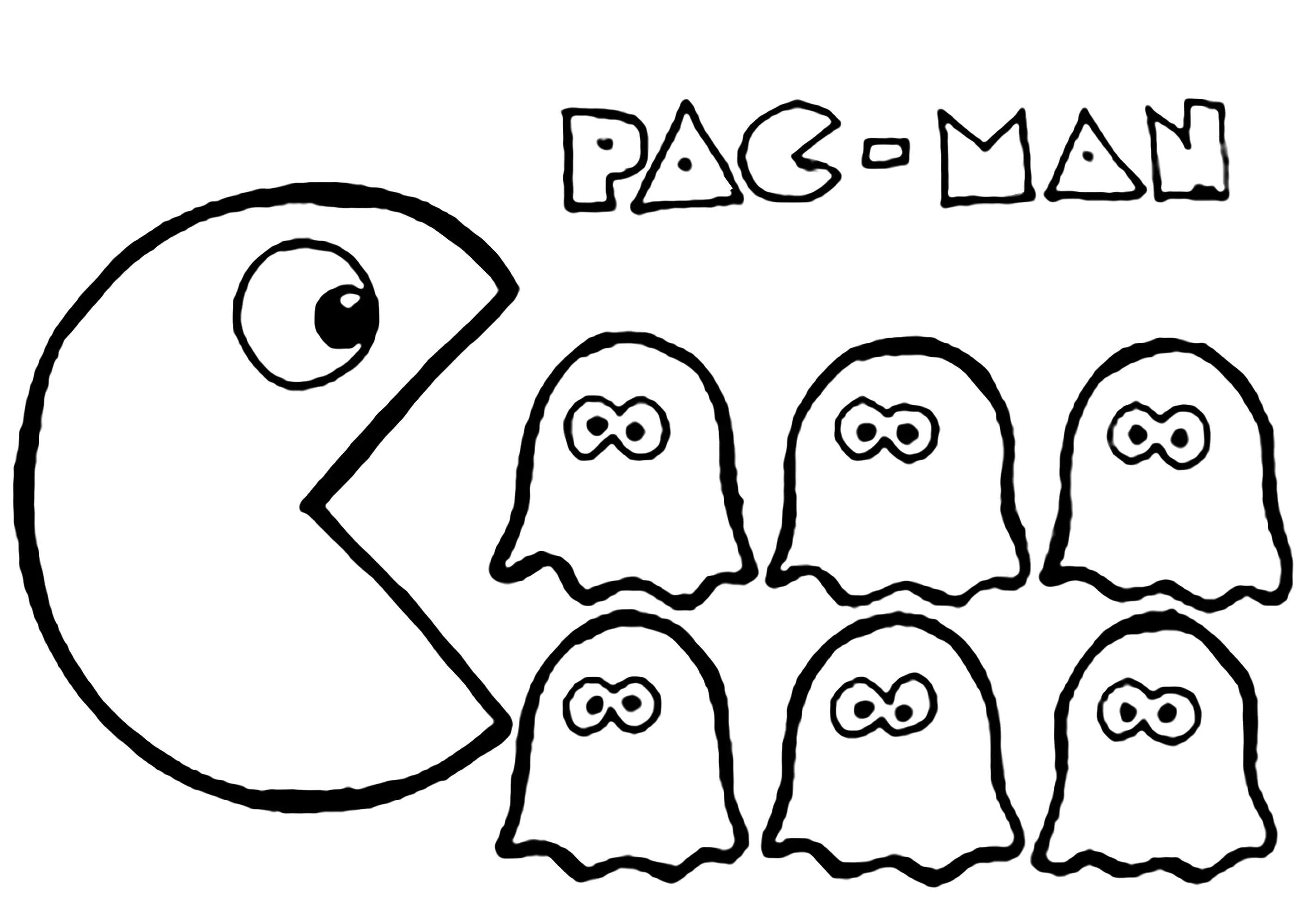 Pacman und Geister (Ausmalbild von Pac-Man zum Ausdrucken und Ausmalen für Kinder)