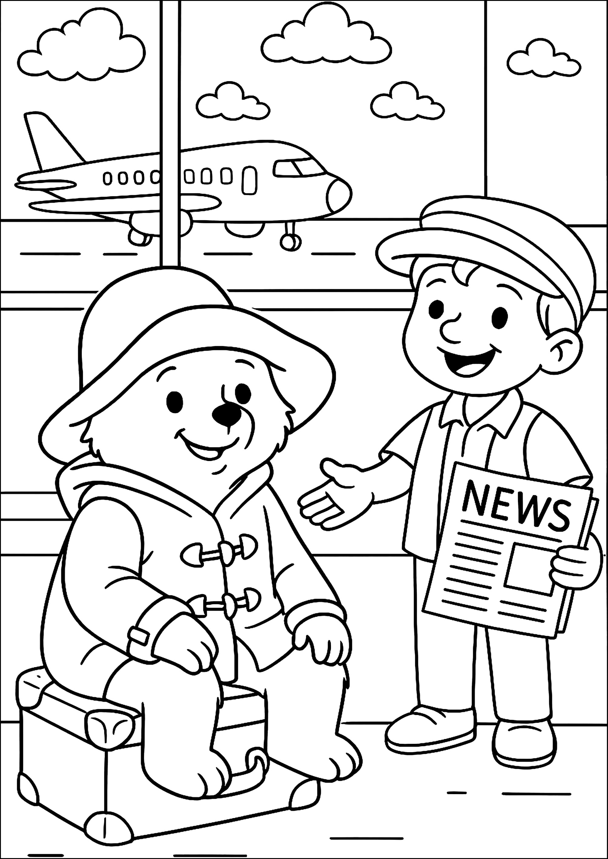Ankunft am Flughafen (Ausmalbild von Paddington-Bär zum Ausdrucken und Ausmalen für Kinder)