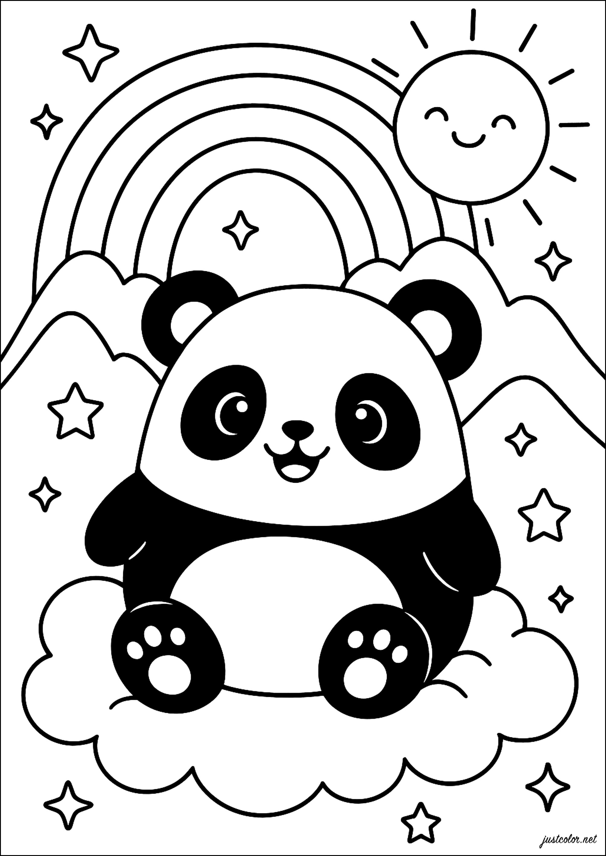 Fröhlicher Panda auf einer Wolke (Ausmalbild zum Ausdrucken und Ausmalen für Kinder)