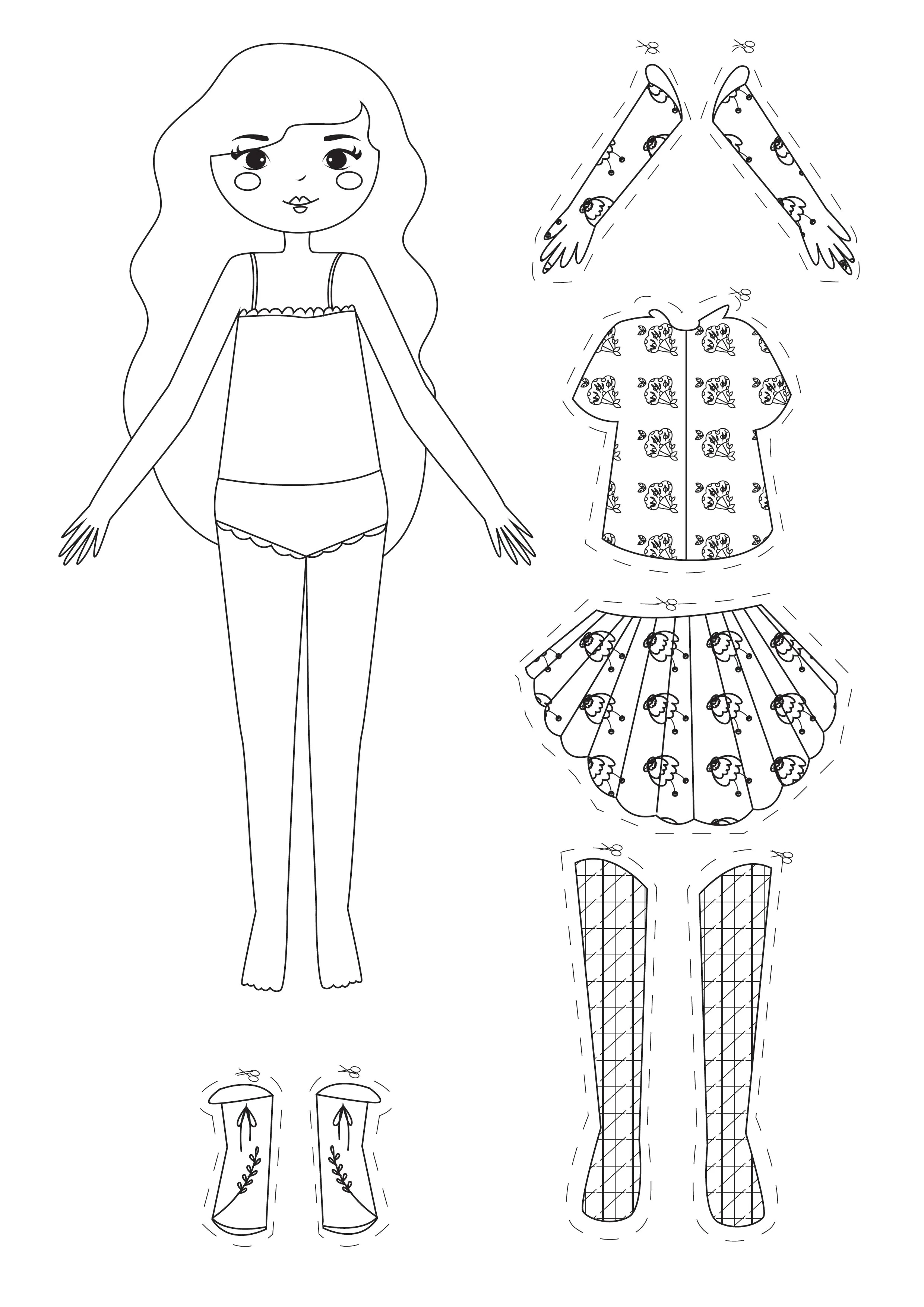 Papierpuppen mit einem sommerlichen Tagesend-Outfit. (Ausmalbild zum Ausdrucken und Ausmalen für Kinder)