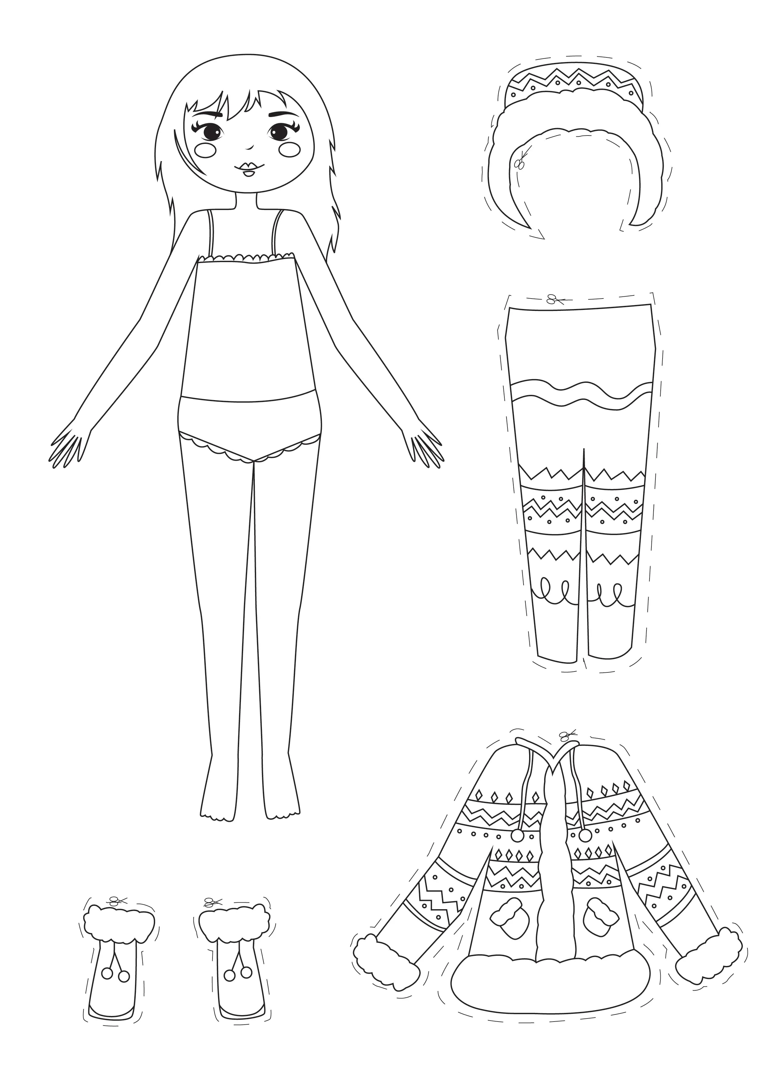 Inuit-Papierpuppen mit schöner warmer Kleidung. (Ausmalbild zum Ausdrucken und Ausmalen für Kinder)