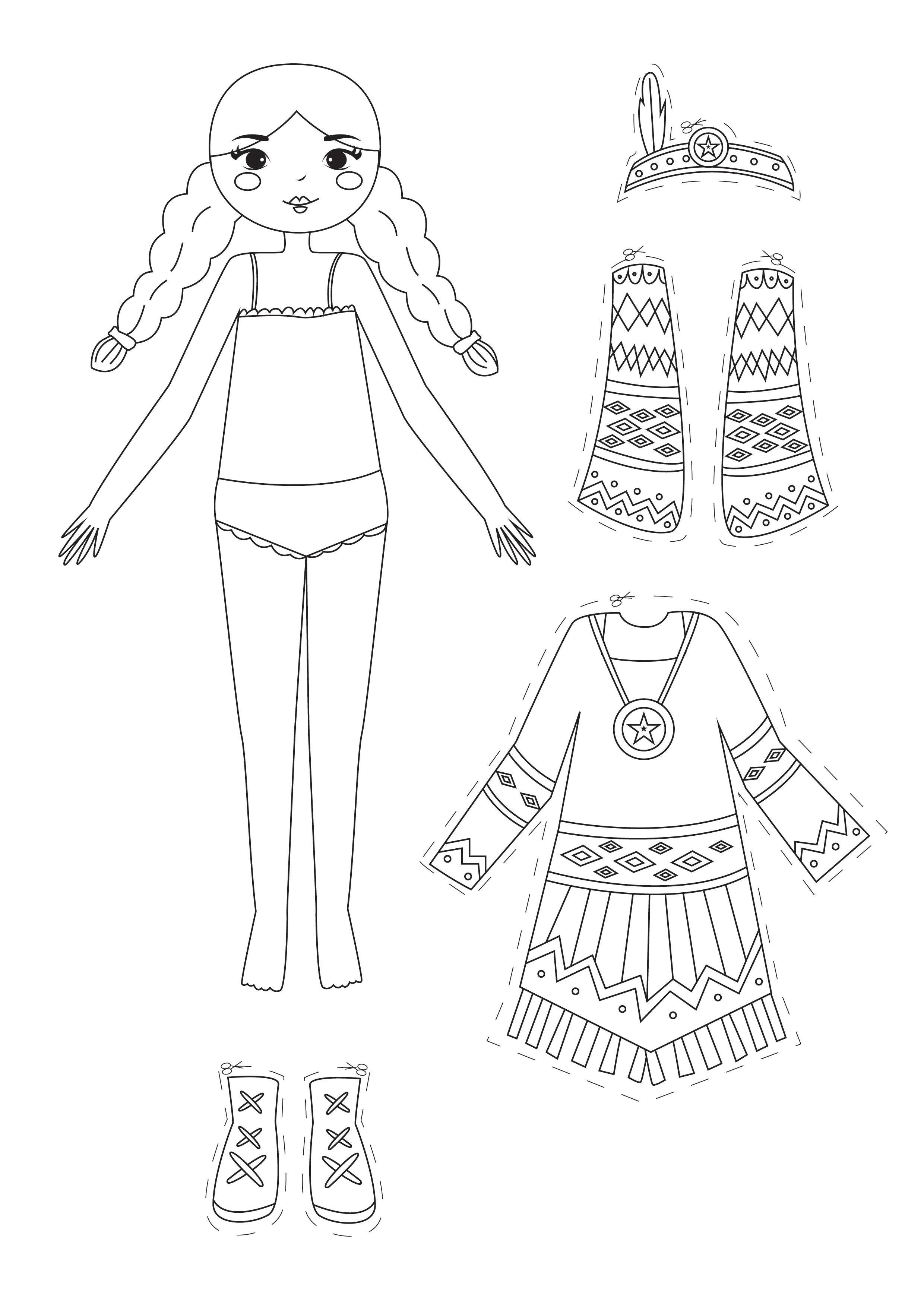 Indische Papiertpuppen mit traditioneller Kleidung (Ausmalbild von Papierpuppen zum Ausdrucken und Ausmalen für Kinder)